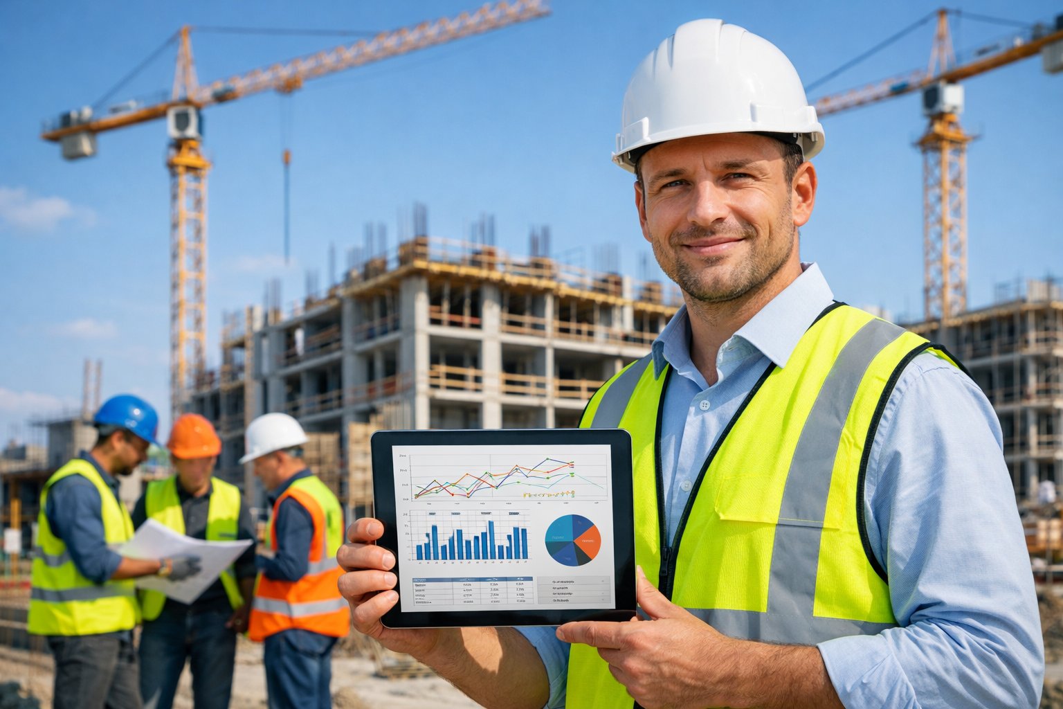 Un chantier de construction avec des ouvriers en casque et un ingénieur tenant une tablette affichant des graphiques, entourés de bâtiments en construction et de grues.