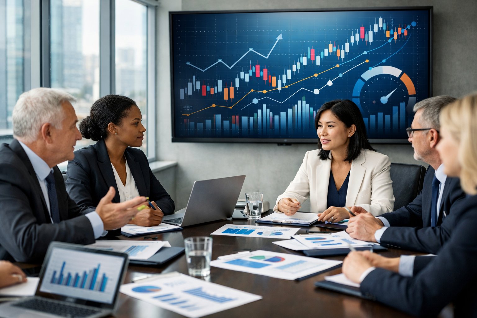 Des professionnels en réunion dans une salle de conférence, analysant des graphiques financiers sur des écrans et des documents.