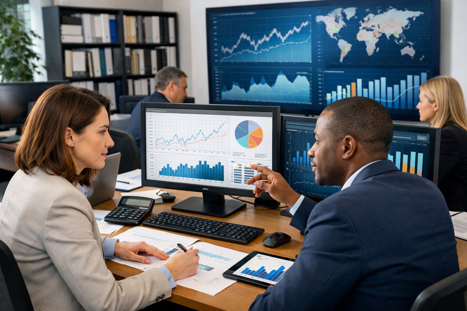 Des professionnels analysant des graphiques économiques sur des écrans dans un bureau moderne.