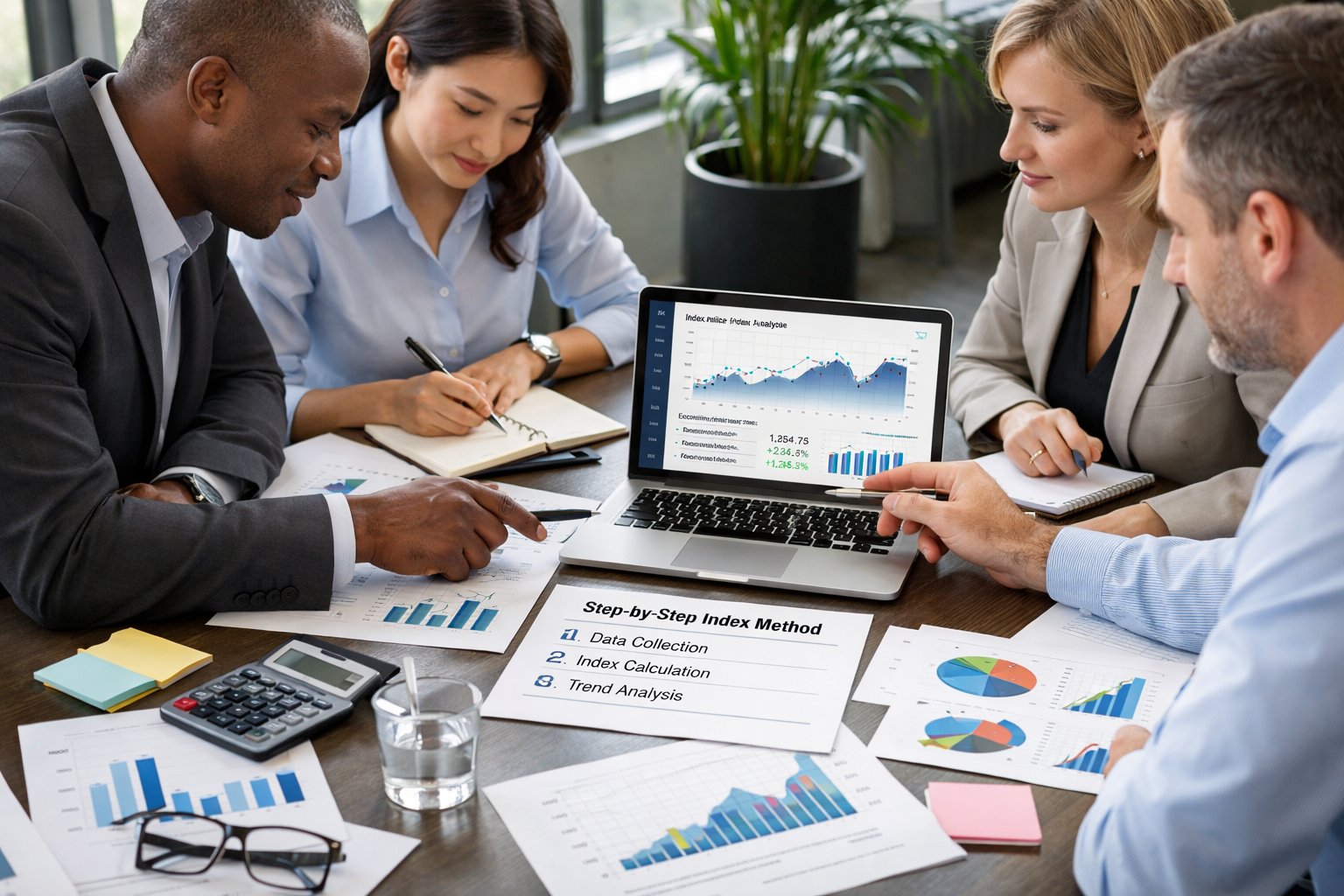 Des professionnels en réunion autour d'une table avec des documents et un ordinateur portable affichant des données financières.