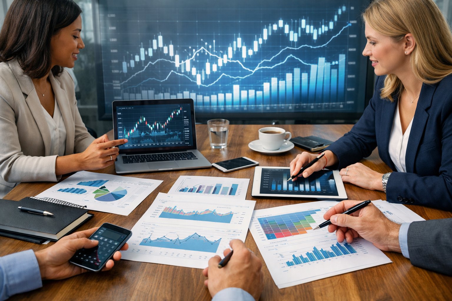 Un groupe de professionnels en réunion autour d'une table, analysant des données financières sur des ordinateurs et des documents, dans un bureau moderne et lumineux.