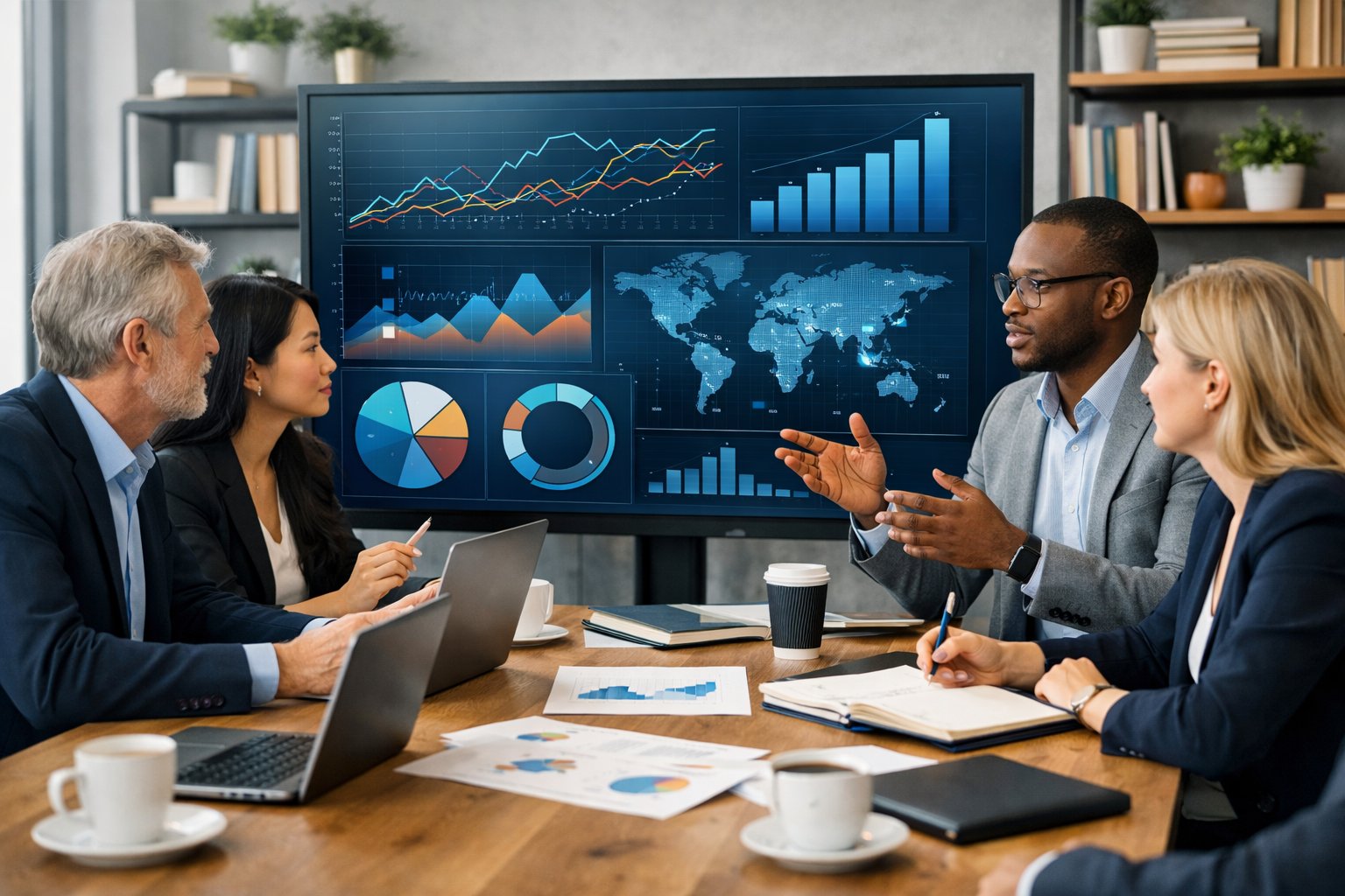 Des professionnels en réunion dans un bureau moderne, analysant des graphiques et des données sur un écran numérique.
