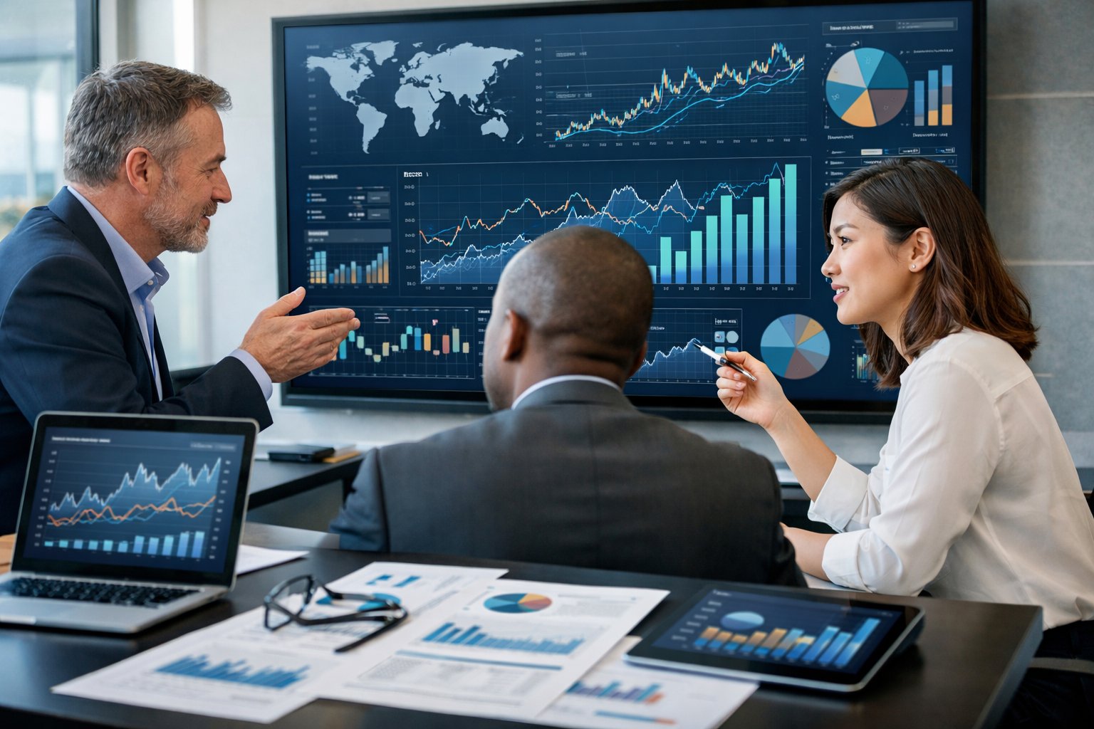Des professionnels en bureau discutant devant un grand écran affichant des graphiques et des données statistiques.
