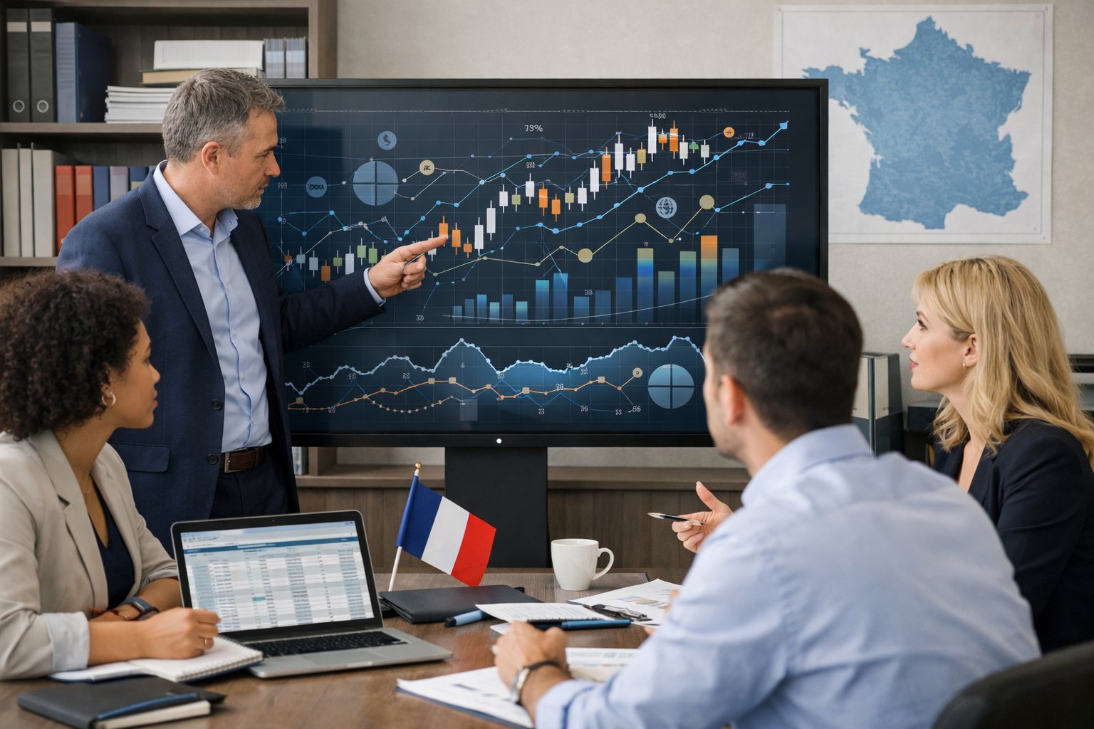 Des professionnels en réunion dans un bureau moderne, analysant des graphiques et des données économiques sur un grand écran numérique.