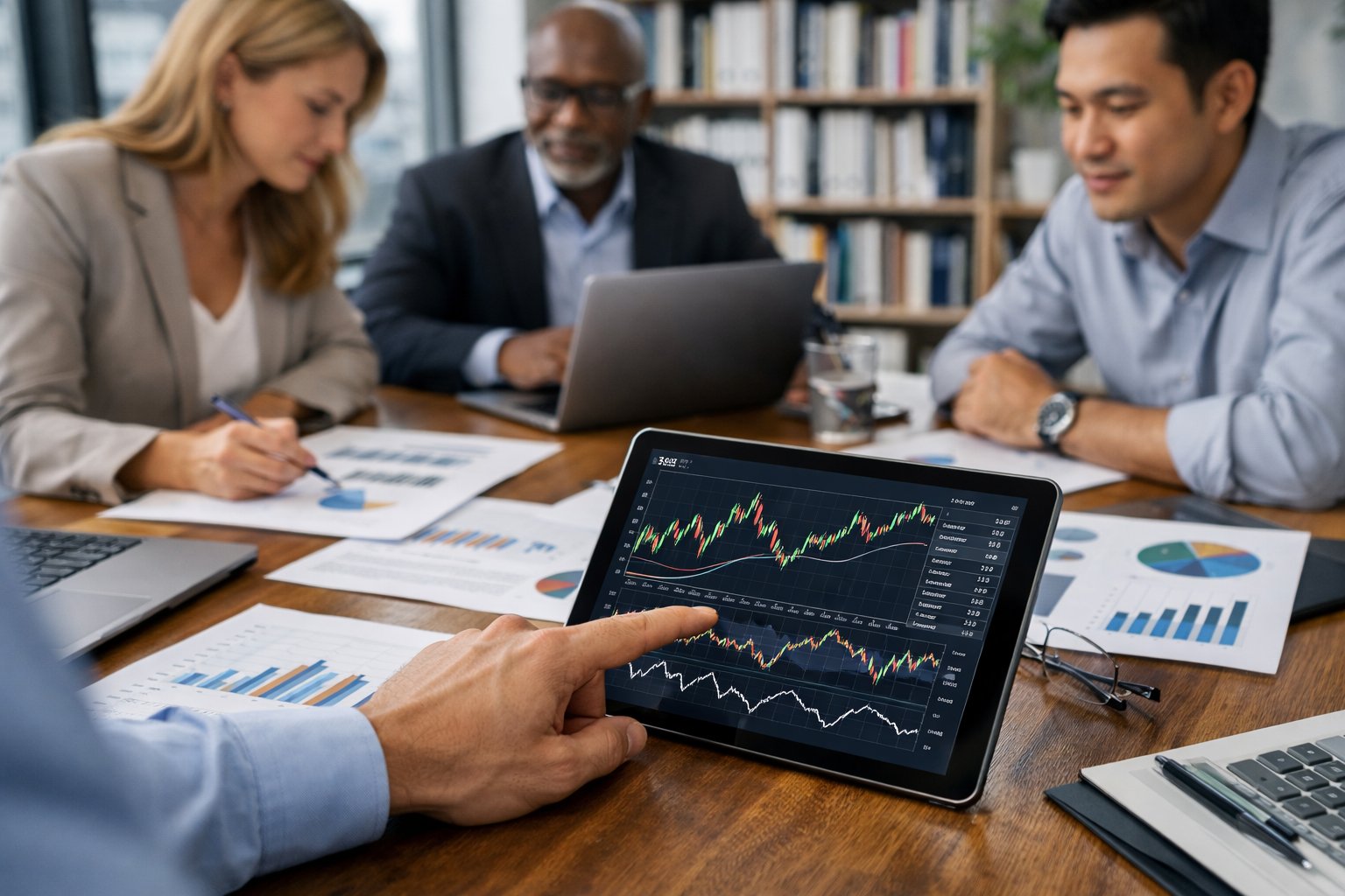 Des professionnels en réunion autour d'une table avec des ordinateurs et des graphiques financiers, travaillant sur des analyses économiques dans un bureau moderne et lumineux.