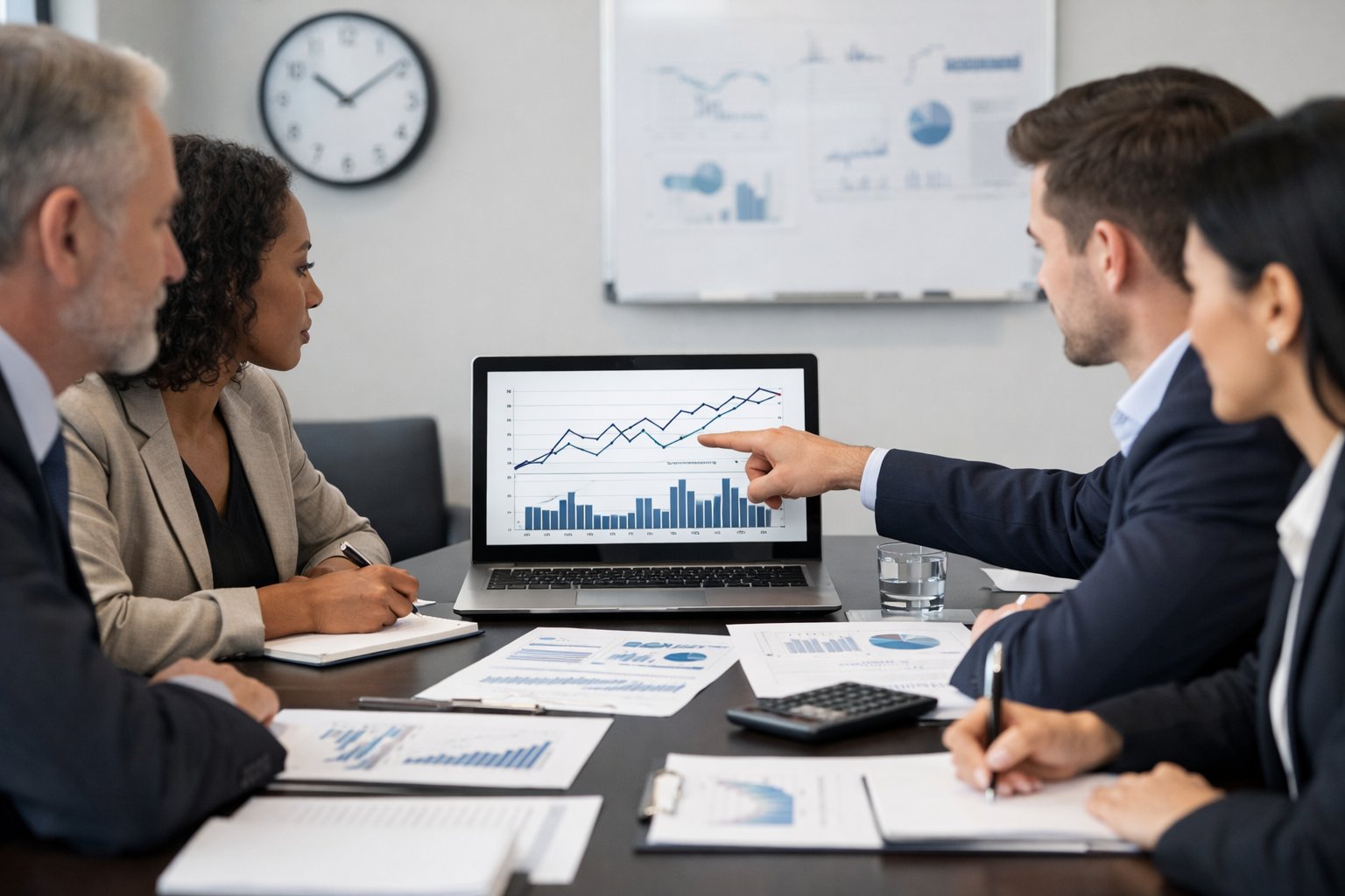 Des professionnels en réunion autour d'une table de conférence avec des documents et des ordinateurs, discutant de données financières dans un bureau moderne.