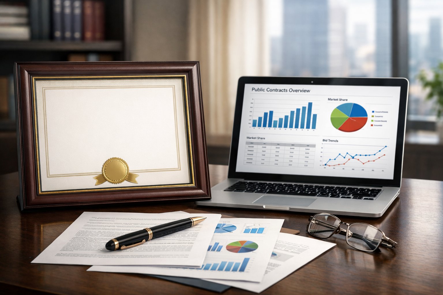 Un bureau moderne avec un certificat encadré, un ordinateur portable affichant des graphiques, des documents et des accessoires de bureau, dans un environnement de bureau professionnel.