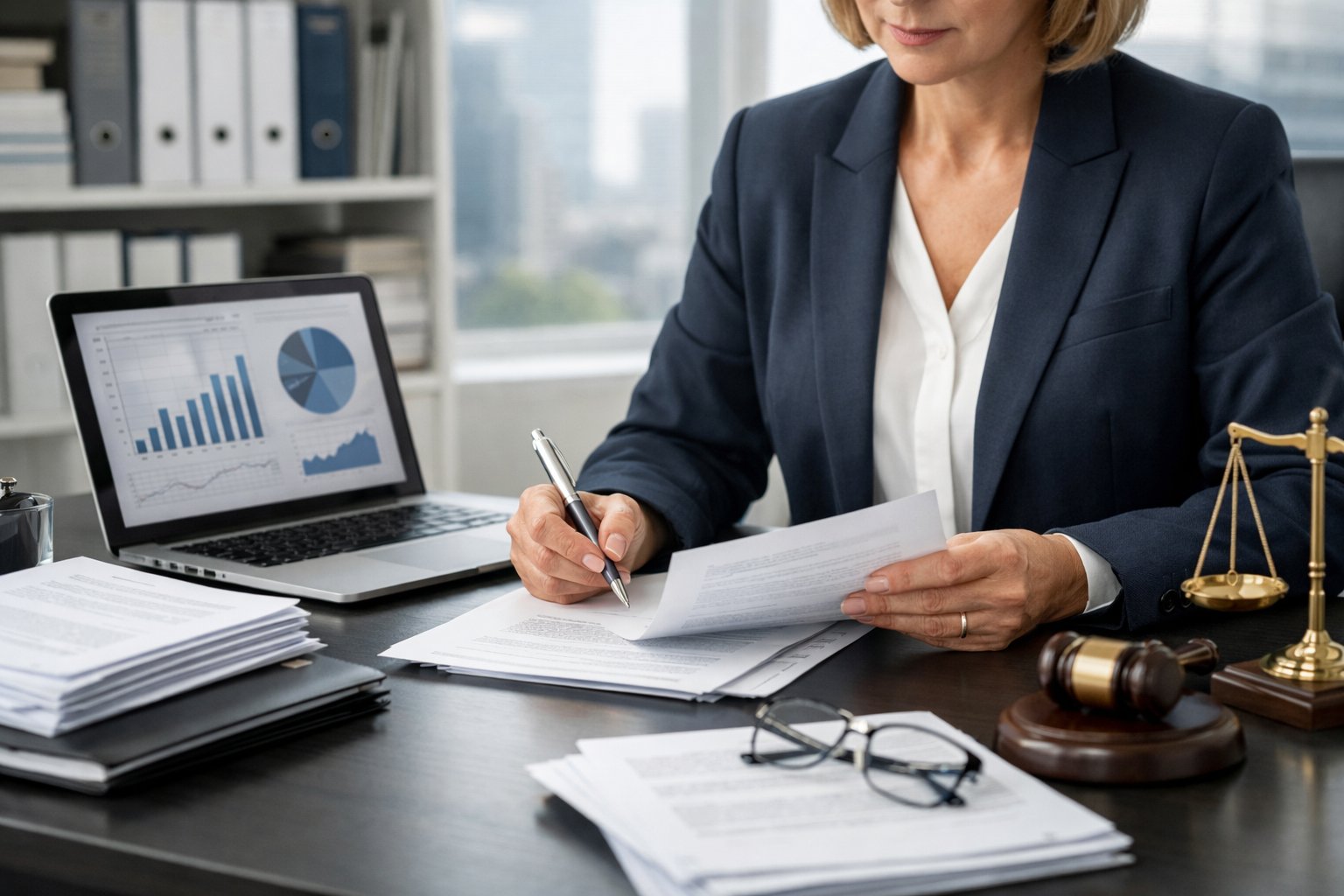 Une personne professionnelle examinant des documents officiels dans un bureau moderne lumineux.