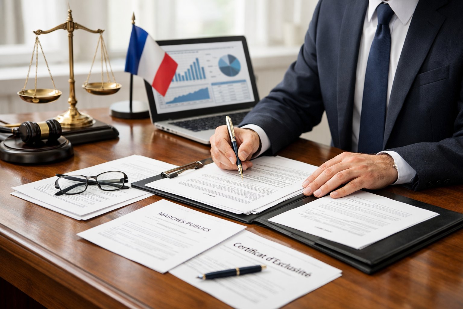 Un professionnel en tenue formelle examinant des documents sur un bureau dans un bureau moderne, avec un ordinateur portable et un petit drapeau français en arrière-plan.