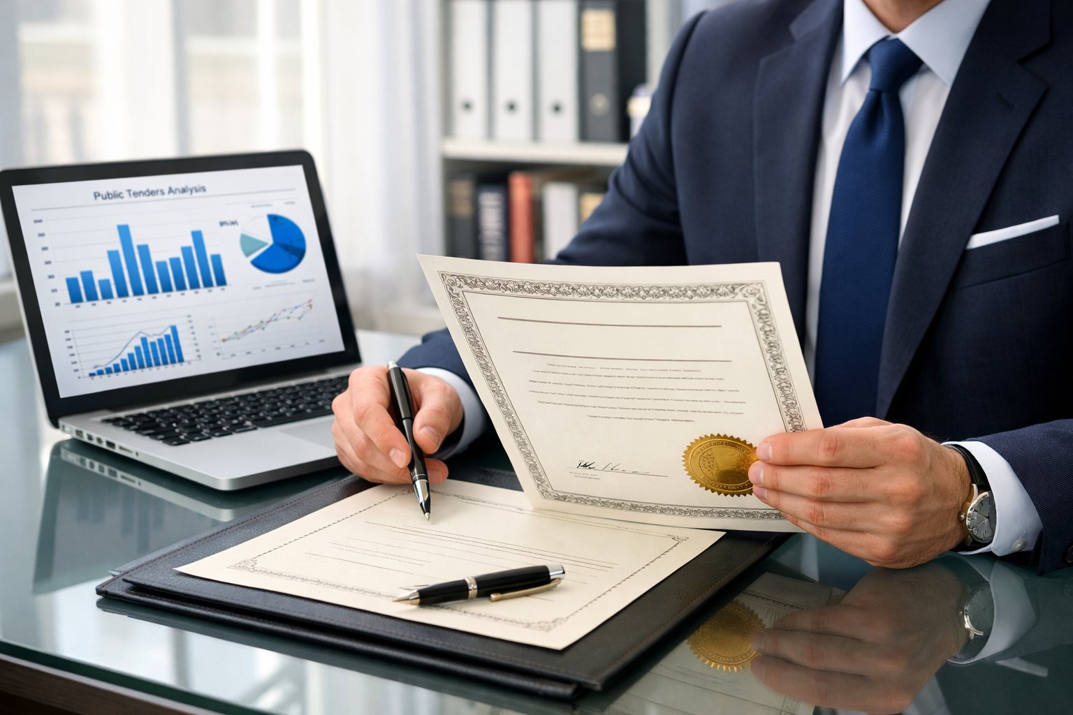 Une personne d'affaires examinant des documents officiels dans un bureau moderne bien éclairé.