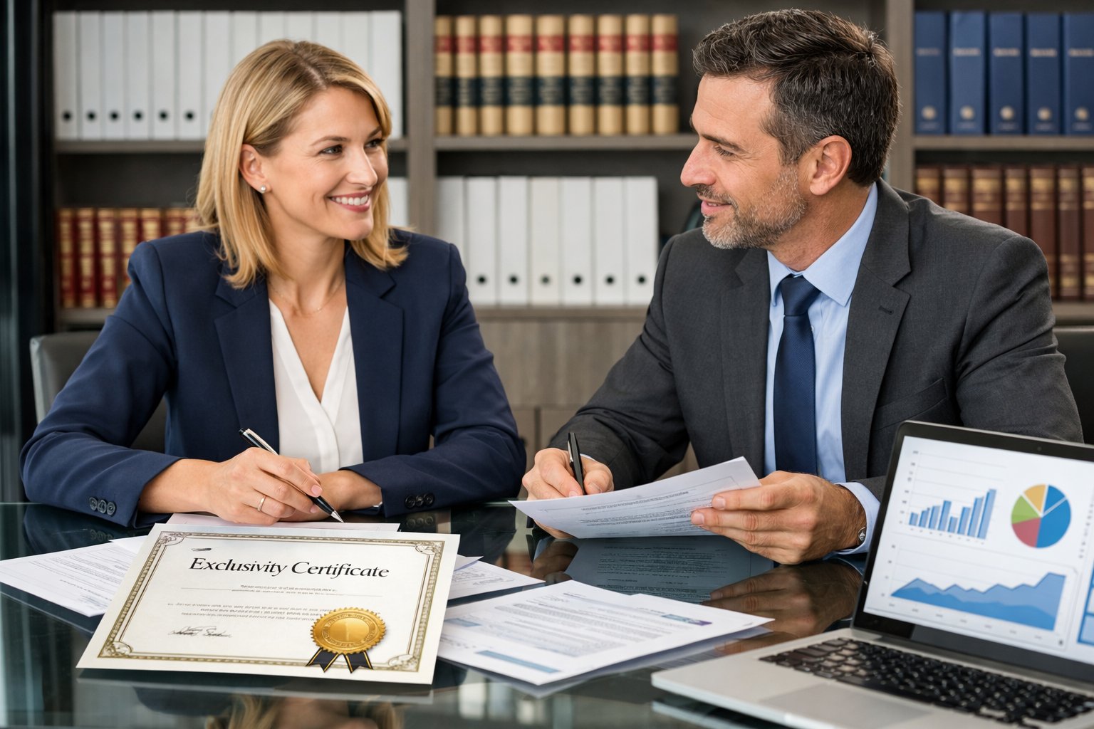 Deux professionnels en réunion dans un bureau moderne, examinant des documents officiels liés aux marchés publics.