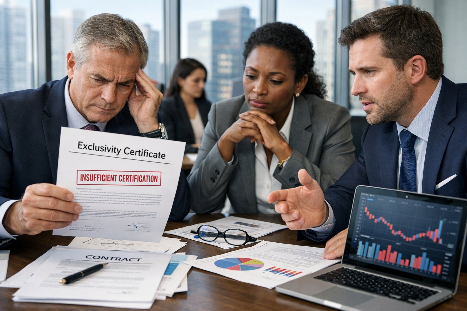 Des professionnels en réunion dans un bureau moderne, examinant des documents importants avec une expression sérieuse.