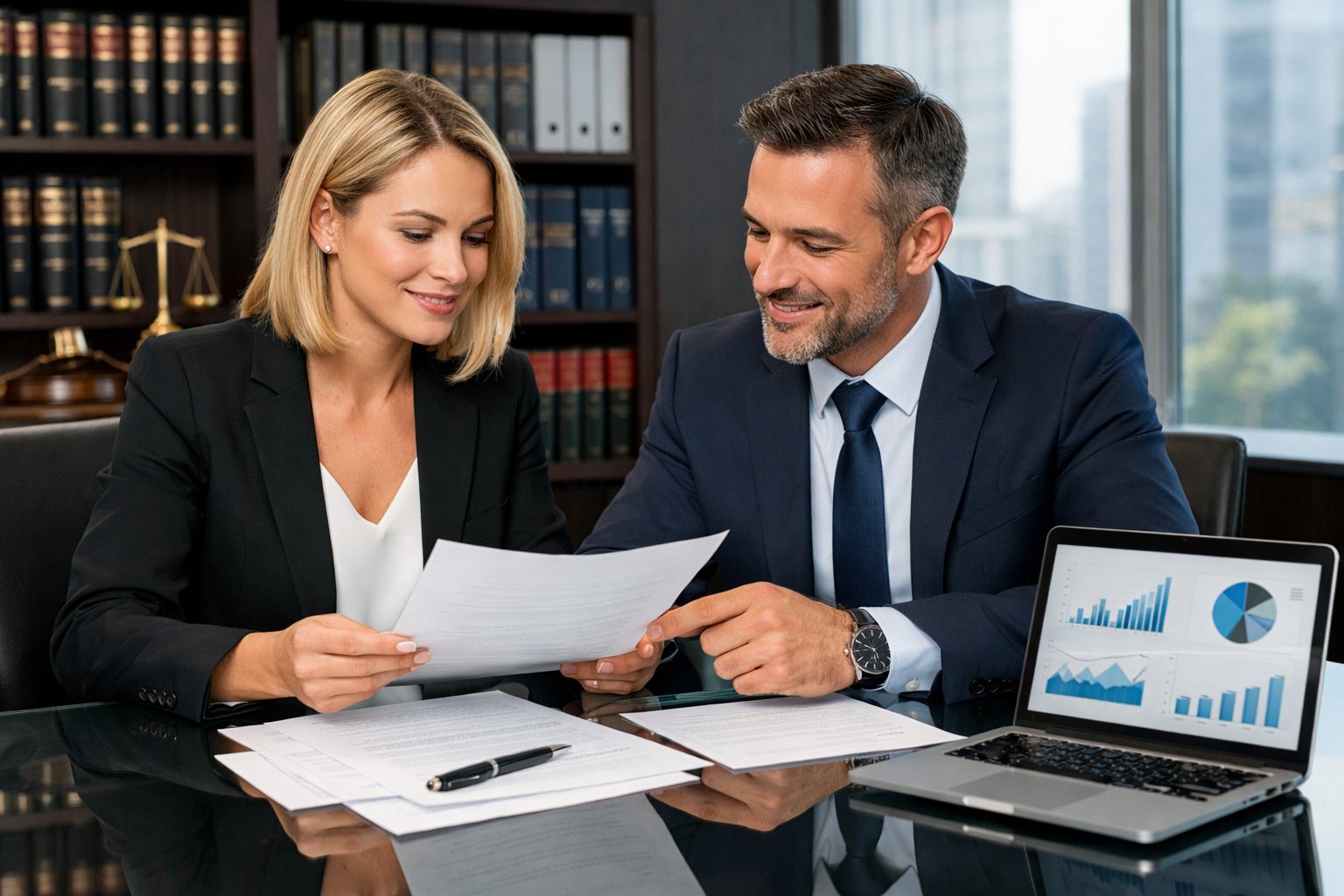 Deux professionnels en tenue formelle discutant de documents dans un bureau moderne avec des livres juridiques en arrière-plan.