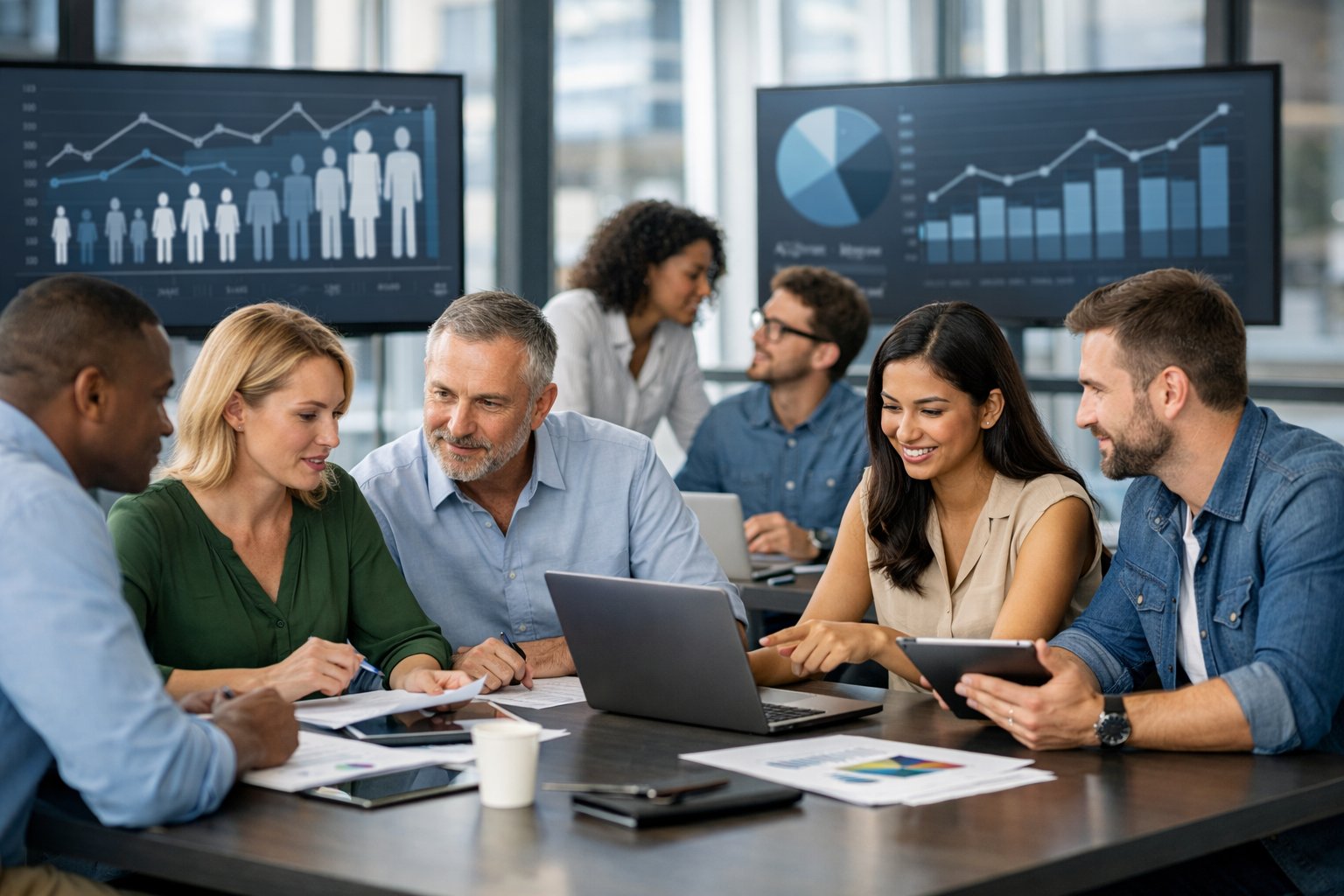 Un groupe diversifié de professionnels travaillant ensemble dans un bureau moderne avec des graphiques de données en arrière-plan.