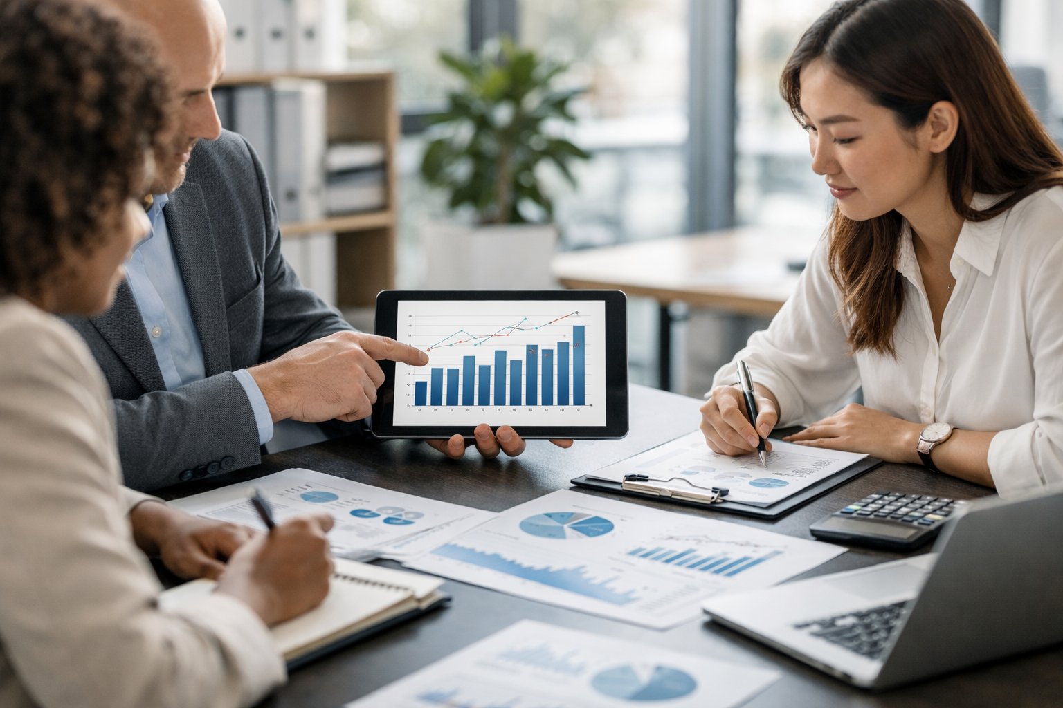 Des professionnels en réunion autour d'une table avec des ordinateurs et des graphiques, travaillant sur des données liées aux effectifs annuels et au taux d’encadrement.