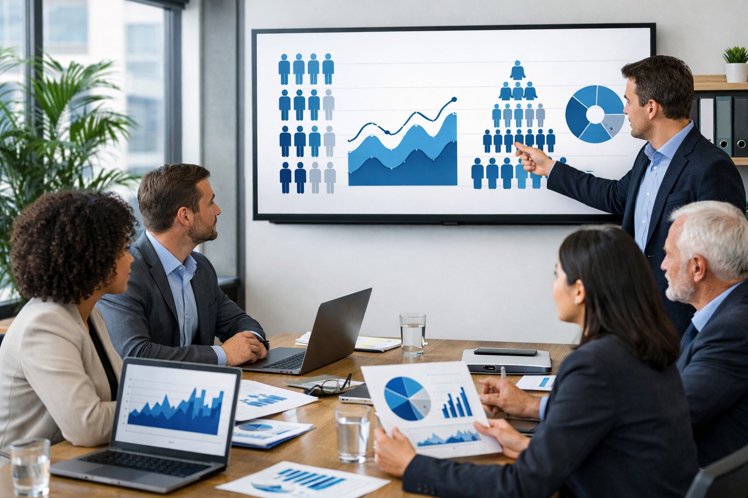 Un groupe de professionnels travaillant ensemble autour d'une table de conférence avec des graphiques et des appareils électroniques, dans un bureau lumineux.