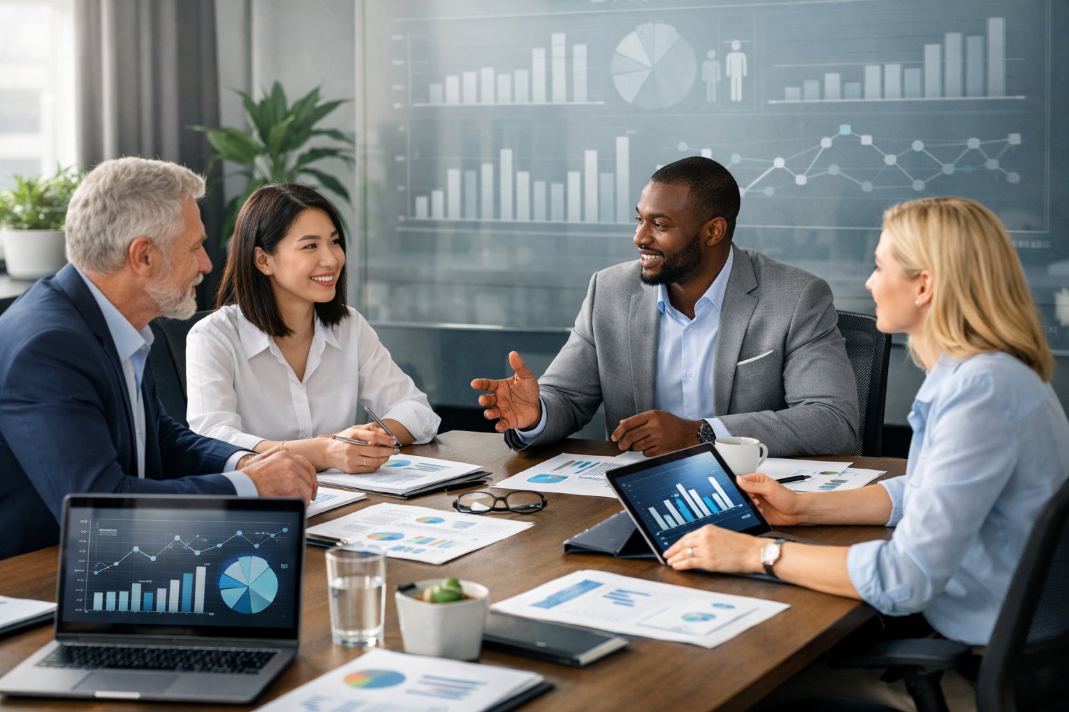 Un groupe de professionnels travaillant ensemble autour d'une table avec des ordinateurs et des graphiques affichant des données sur le personnel.
