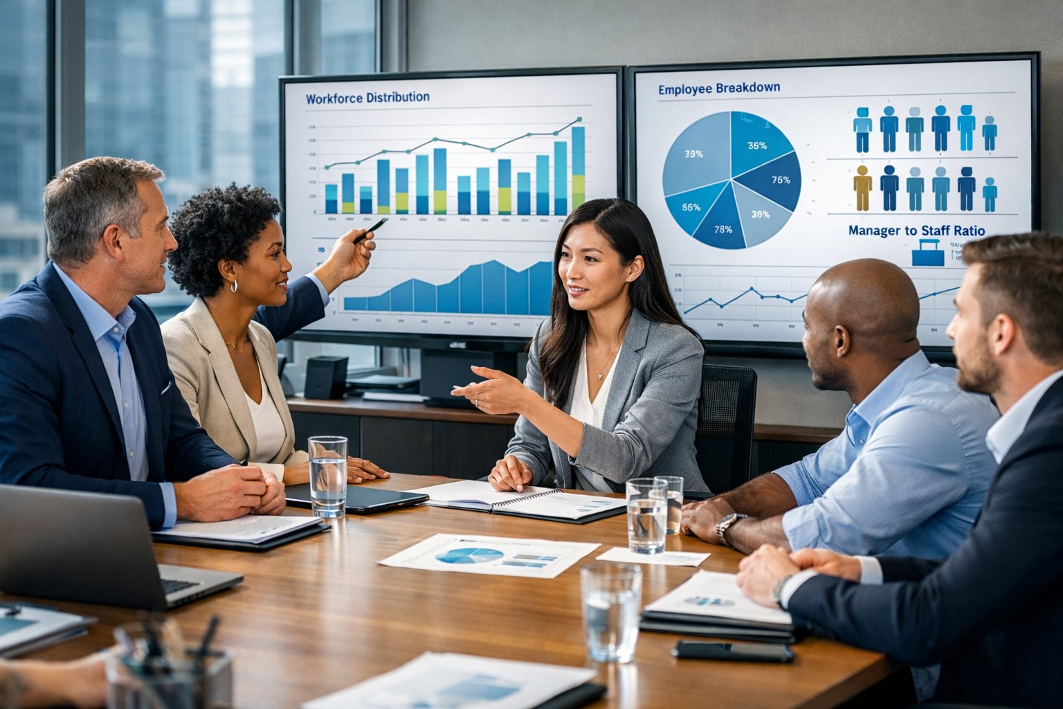 Un groupe de professionnels en réunion dans un bureau moderne, discutant des graphiques et des statistiques sur des écrans numériques.