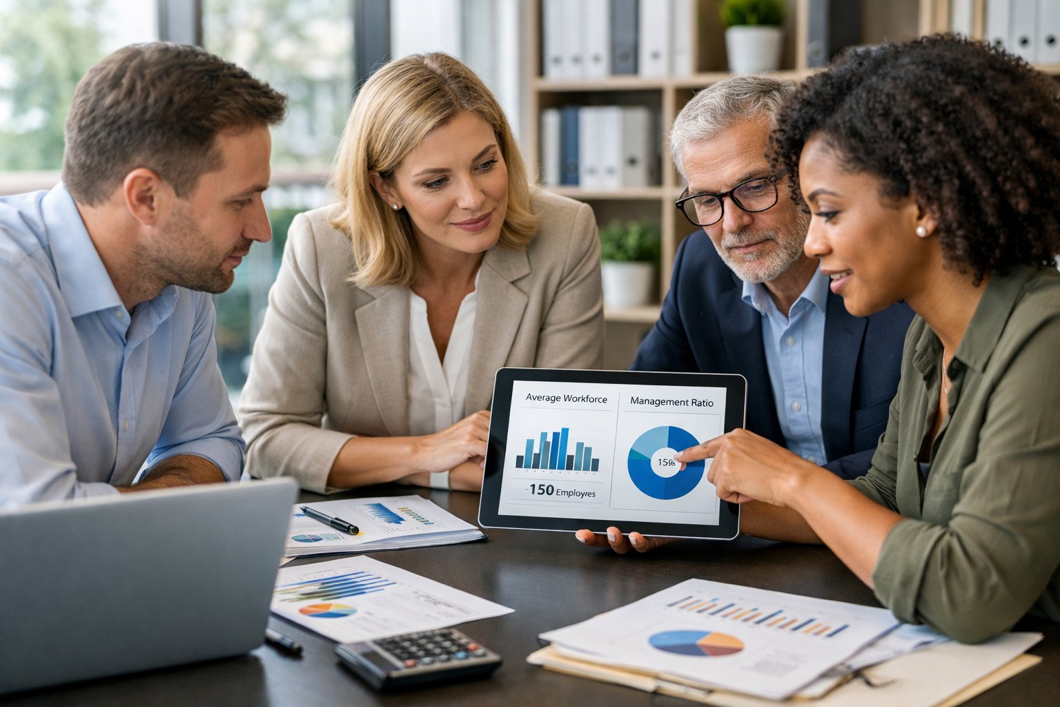 Des professionnels en réunion autour d'une table avec des ordinateurs et des documents, analysant des graphiques dans un bureau moderne.