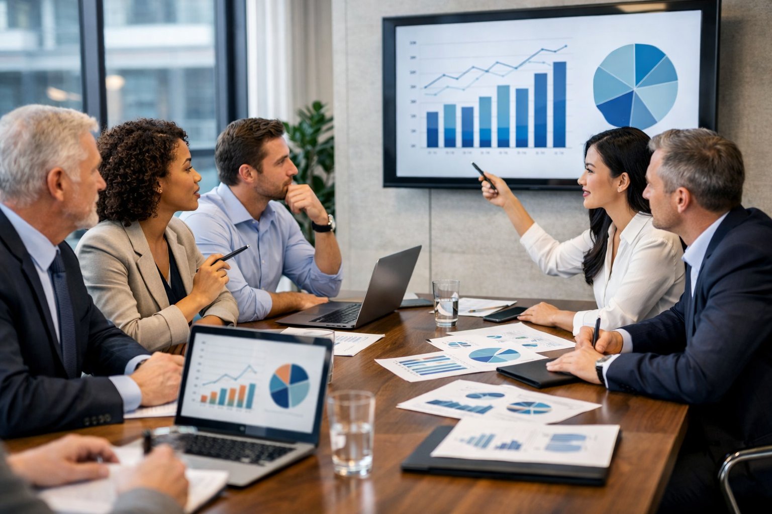 Un groupe de professionnels en réunion autour d'une table de conférence dans un bureau moderne, discutant et analysant des documents et graphiques.