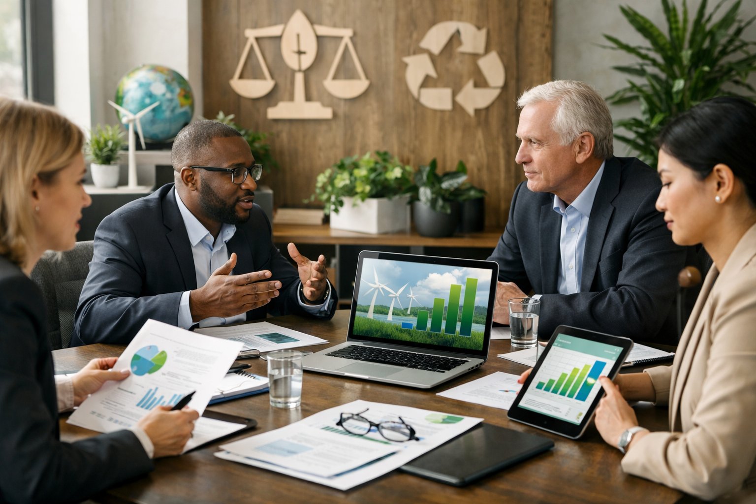 Des professionnels en réunion dans un bureau moderne avec des documents et des appareils numériques, entourés de plantes, discutant de plans environnementaux et de marchés publics.