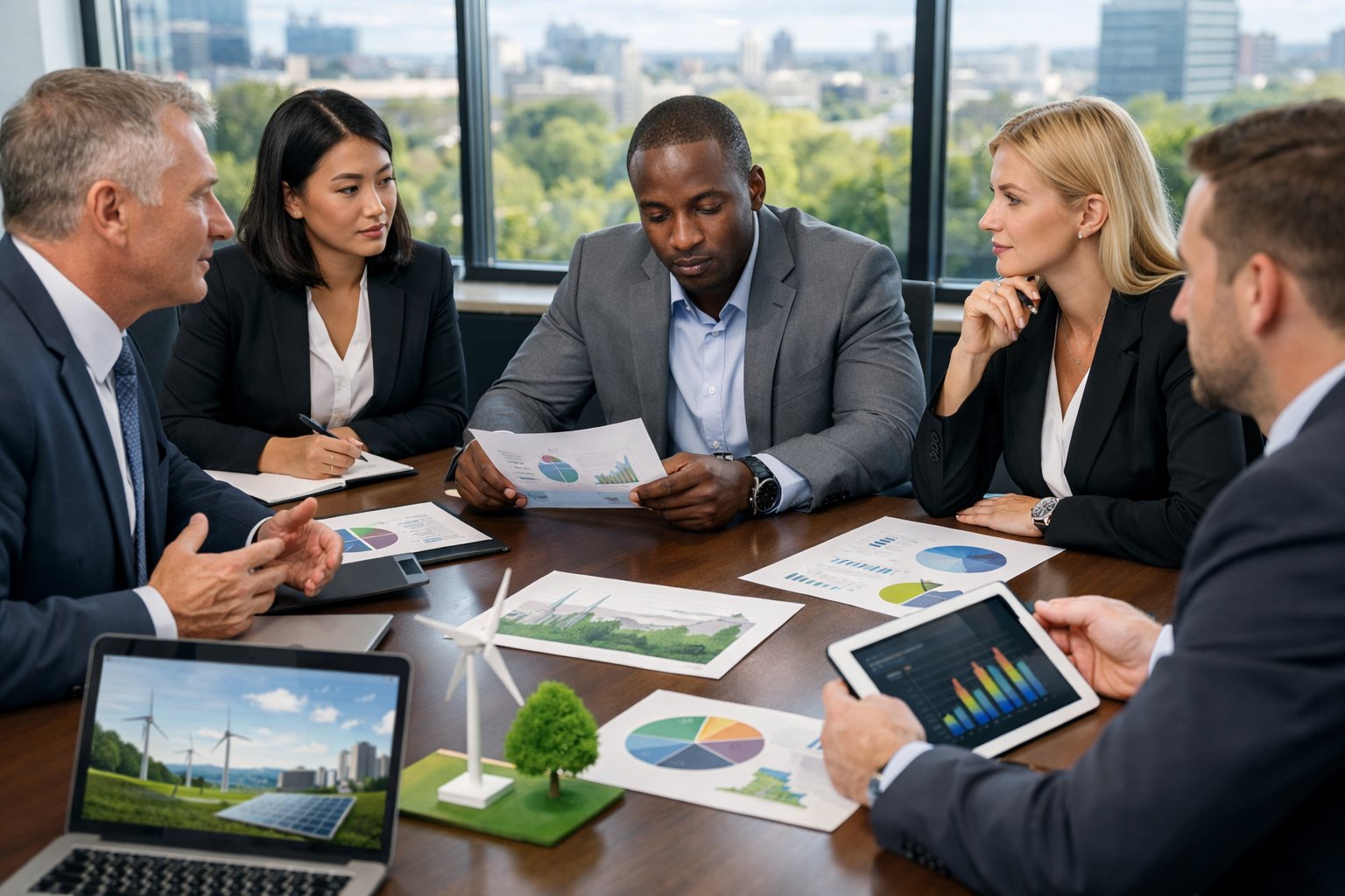 Un groupe de professionnels en réunion autour d'une table de conférence, examinant des documents et des graphiques liés à un plan d'assurance environnement dans un bureau lumineux avec vue sur la ville et la verdure.