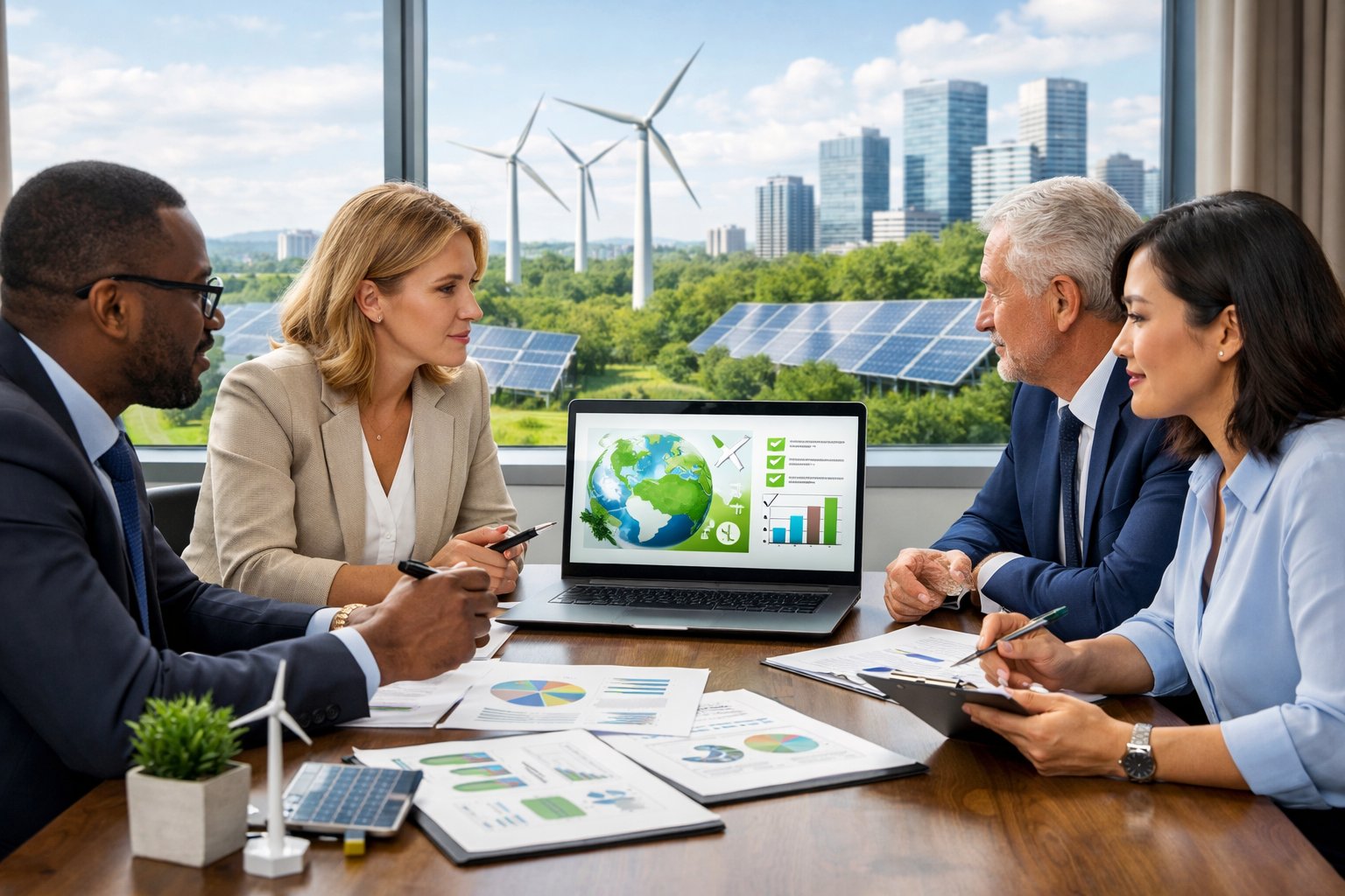 Des professionnels en réunion dans un bureau moderne avec des documents et un ordinateur, une vue urbaine avec des espaces verts et des éoliennes en arrière-plan.