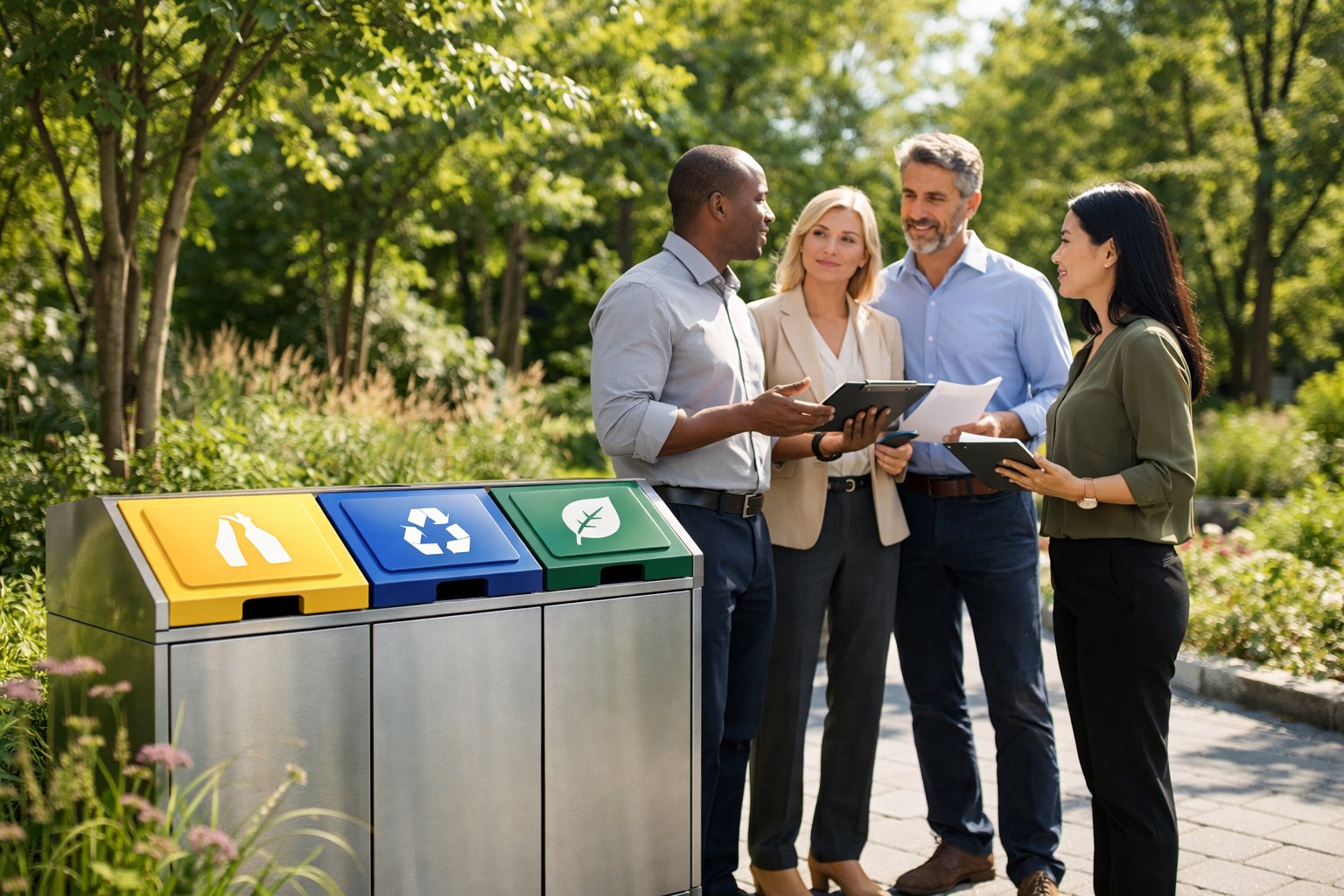 Des professionnels discutant près d'une station de recyclage propre entourée d'arbres et de végétation.