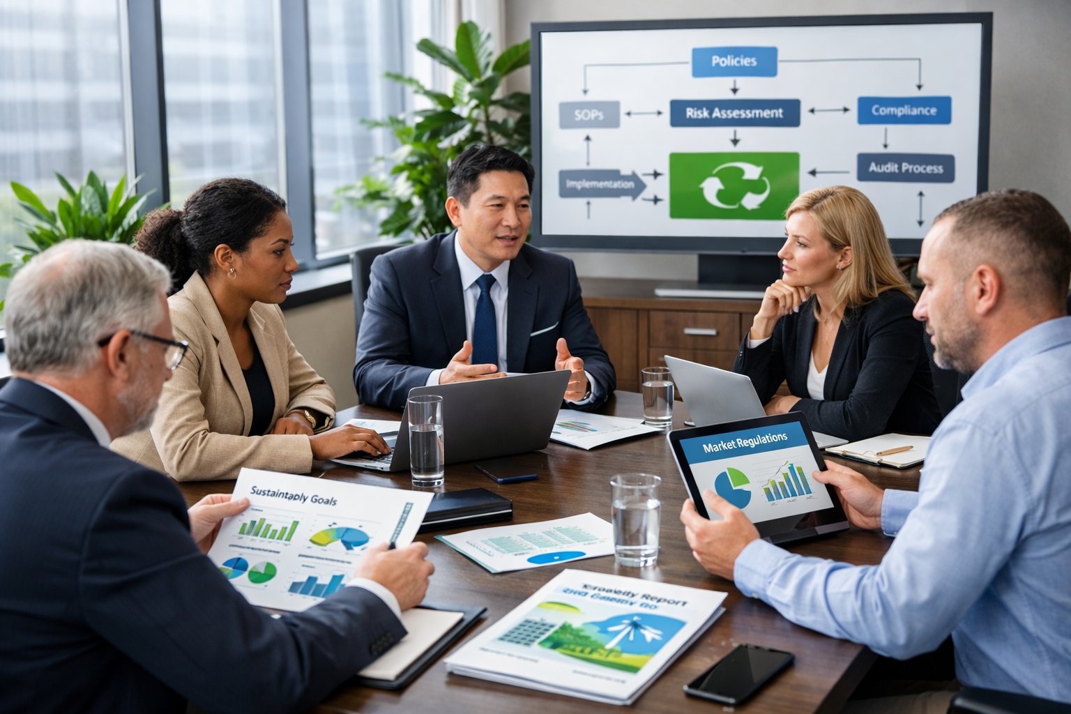 Des professionnels en réunion autour d'une table de conférence avec des documents et des écrans, dans un bureau lumineux avec des plantes vertes.