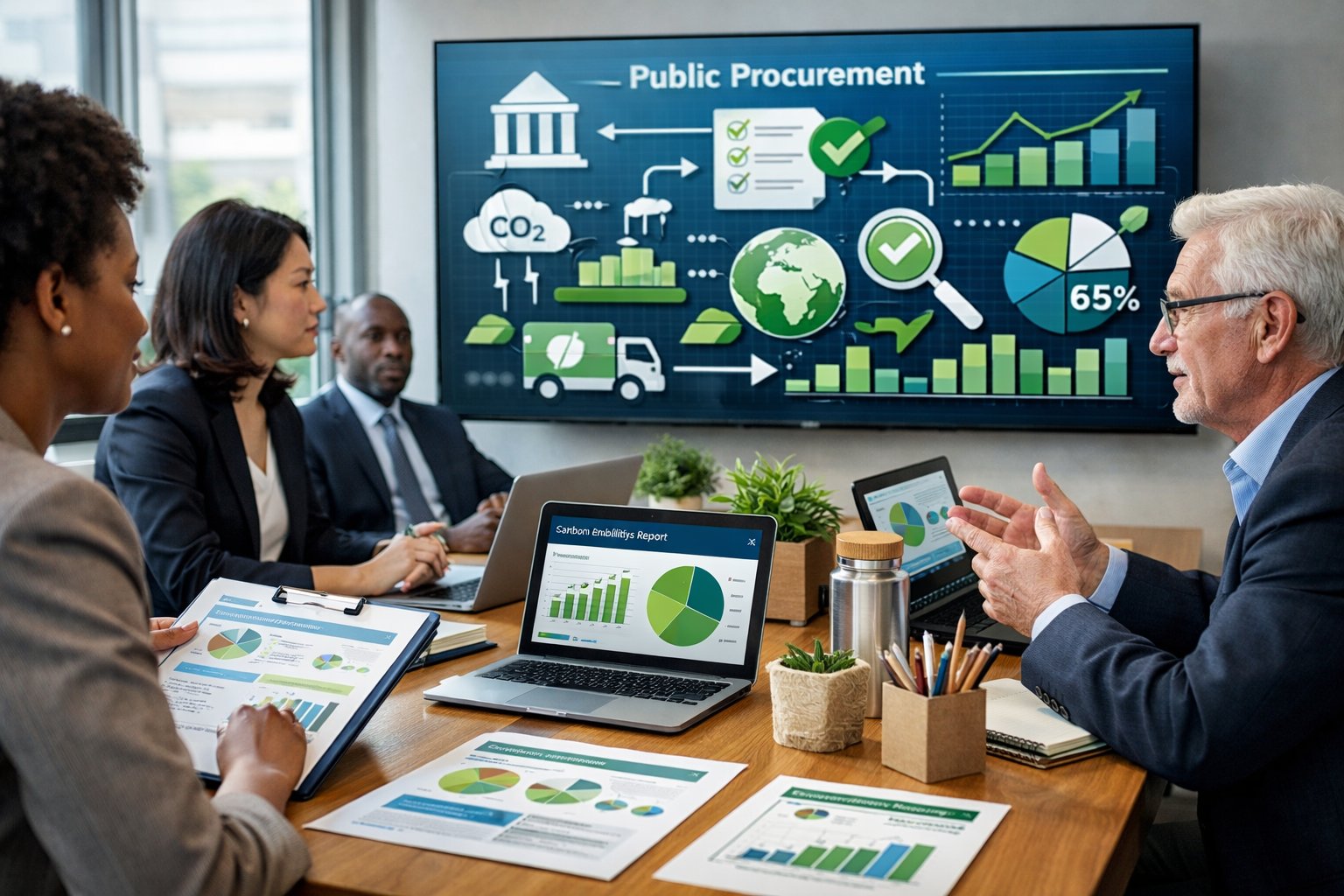 Des professionnels en réunion dans une salle de conférence moderne, analysant des données environnementales sur des écrans et des documents.