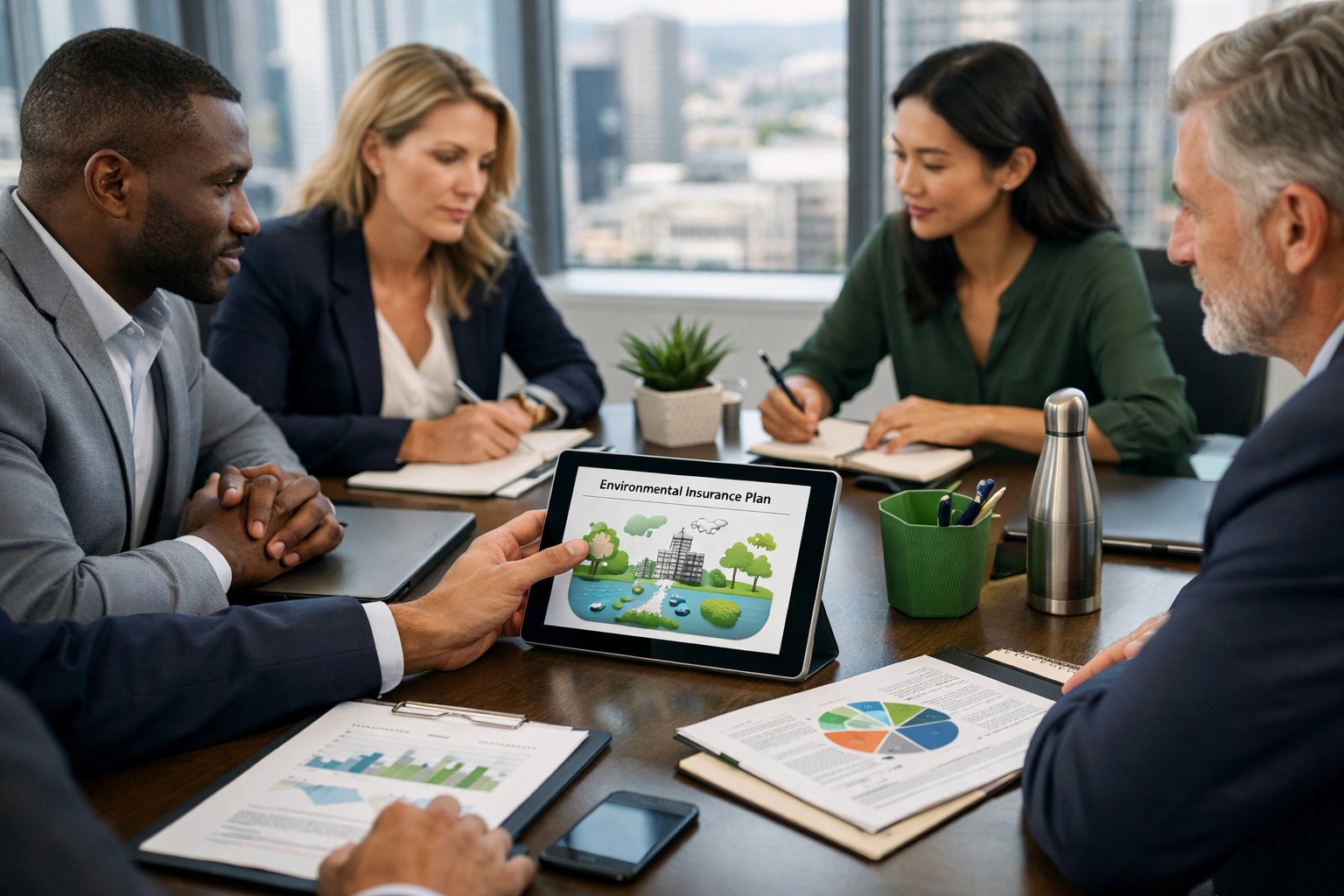 Une réunion professionnelle avec plusieurs personnes autour d'une table de conférence, discutant de plans d'assurance environnementale dans un bureau moderne.