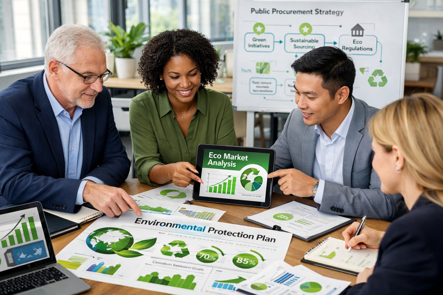 Un groupe de professionnels en réunion dans un bureau moderne, discutant de mesures environnementales et de marchés publics avec des documents et des graphiques sur la table.