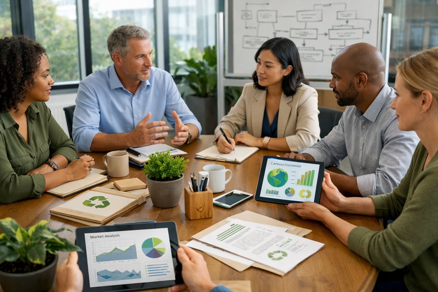 Des professionnels en réunion autour d'une table de conférence dans un bureau lumineux avec des plantes et des documents liés à la planification environnementale et aux marchés publics.