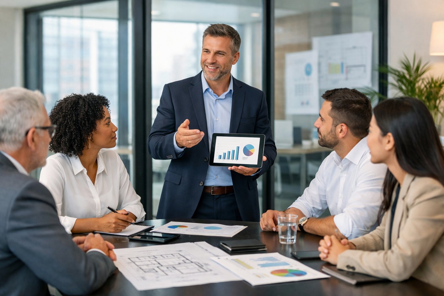 Un groupe de professionnels en réunion autour d'une table de conférence, discutant de plans de projet dans un bureau moderne et lumineux.