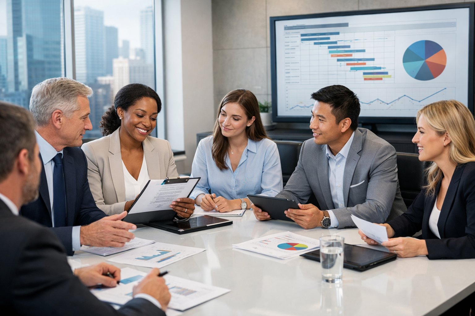 Réunion d'affaires avec des professionnels discutant autour d'une table dans un bureau moderne.
