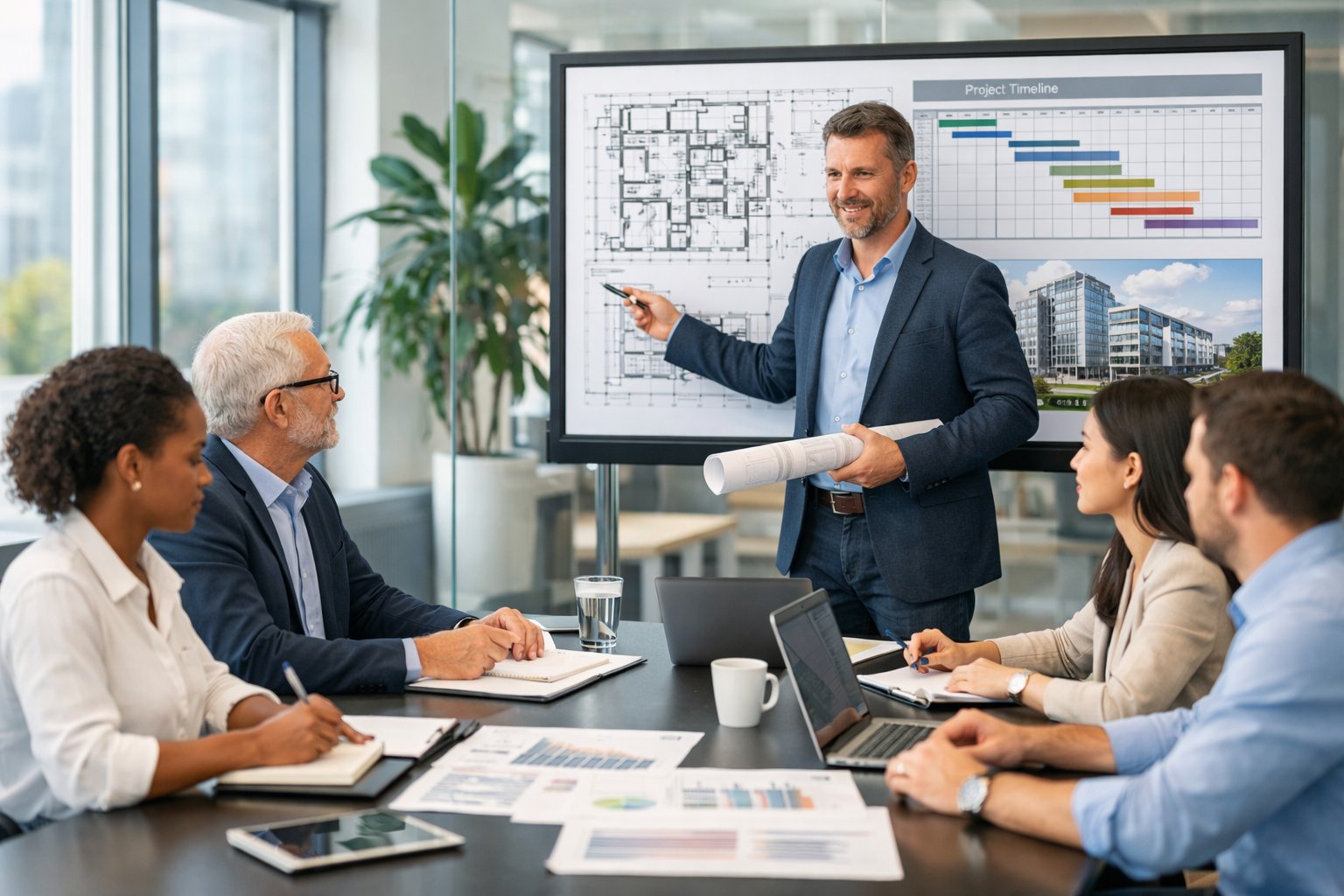 Un groupe de professionnels en réunion autour d'une table avec des plans et des écrans, discutant d'un projet dans un bureau moderne et lumineux.