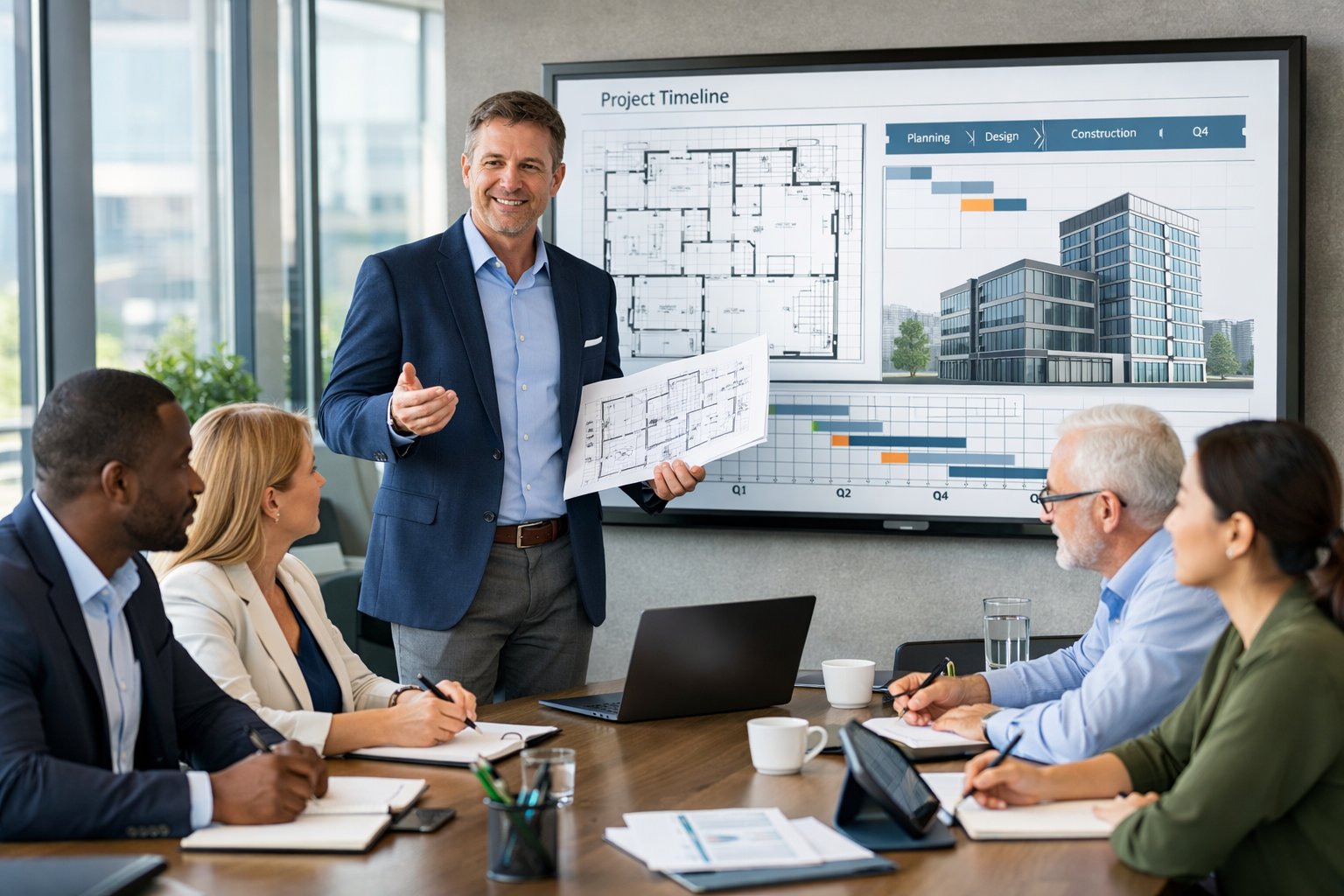 Un groupe de professionnels en réunion autour d'une table, examinant des plans et discutant des responsabilités liées à la gestion de projet.