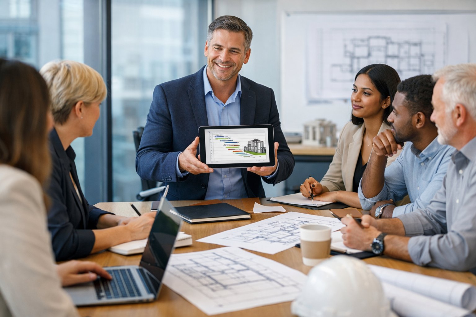 Un groupe de professionnels en réunion dans un bureau moderne, discutant autour d'une table avec des documents et des appareils numériques.