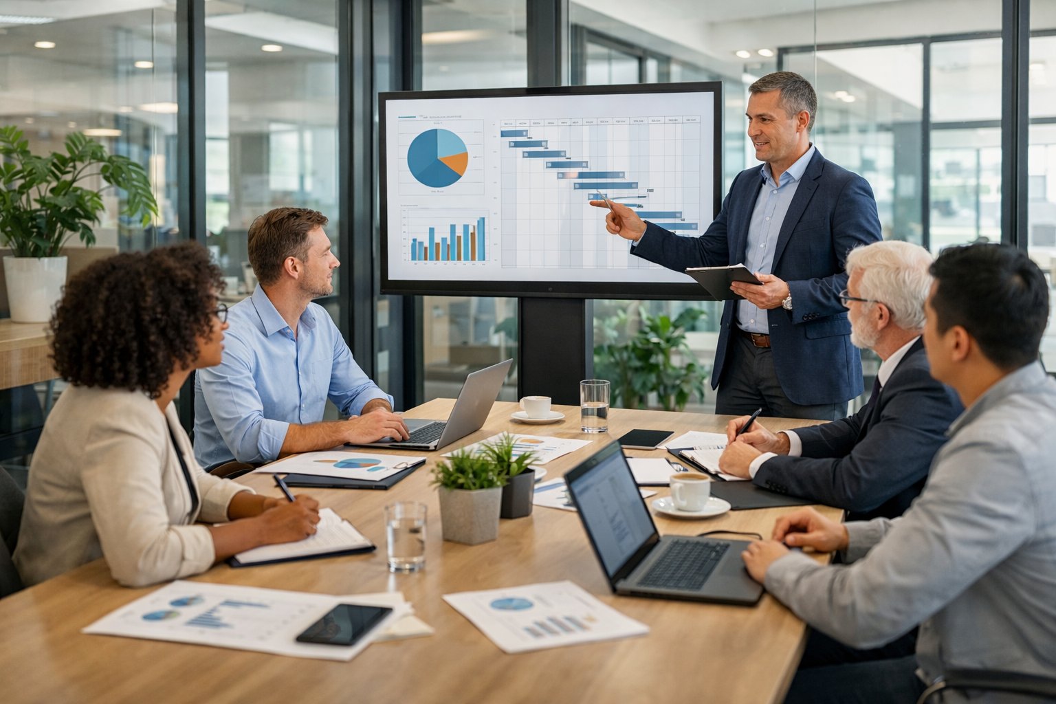 Une équipe de professionnels en réunion autour d'une table de conférence dans un bureau moderne, discutant de la gestion de projet avec des écrans et des documents.