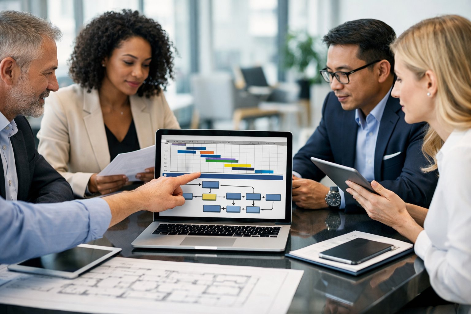 Un groupe de professionnels en réunion autour d'une table, discutant de gestion de projet dans un bureau moderne et lumineux.