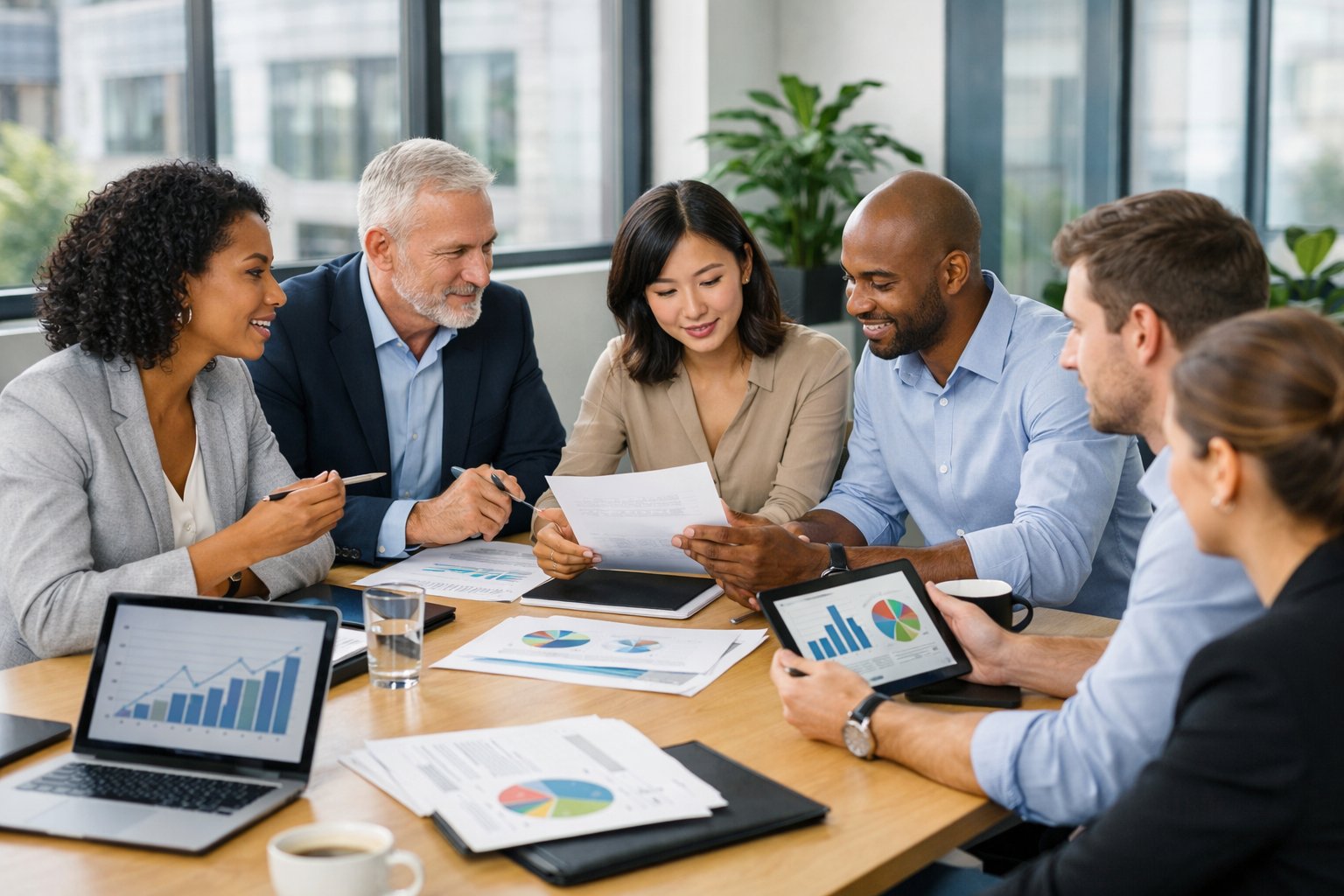 Des professionnels en réunion autour d'une table dans une salle de conférence moderne, discutant et travaillant ensemble.