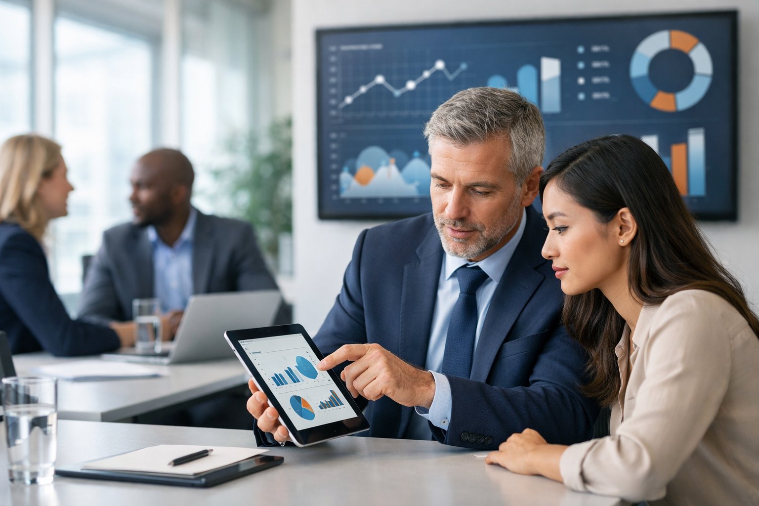 Des professionnels en réunion dans un bureau moderne, discutant autour d'une tablette avec des graphiques affichés en arrière-plan.