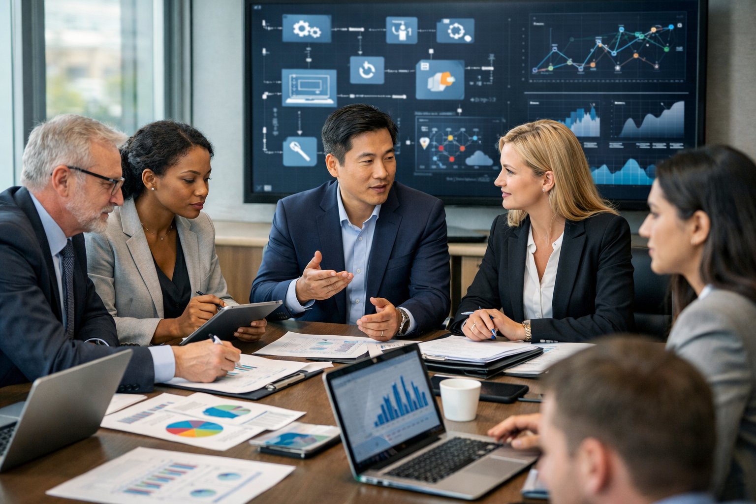 Des professionnels en réunion autour d'une table avec des ordinateurs et des documents, travaillant sur la vérification de projets informatiques dans un bureau moderne.