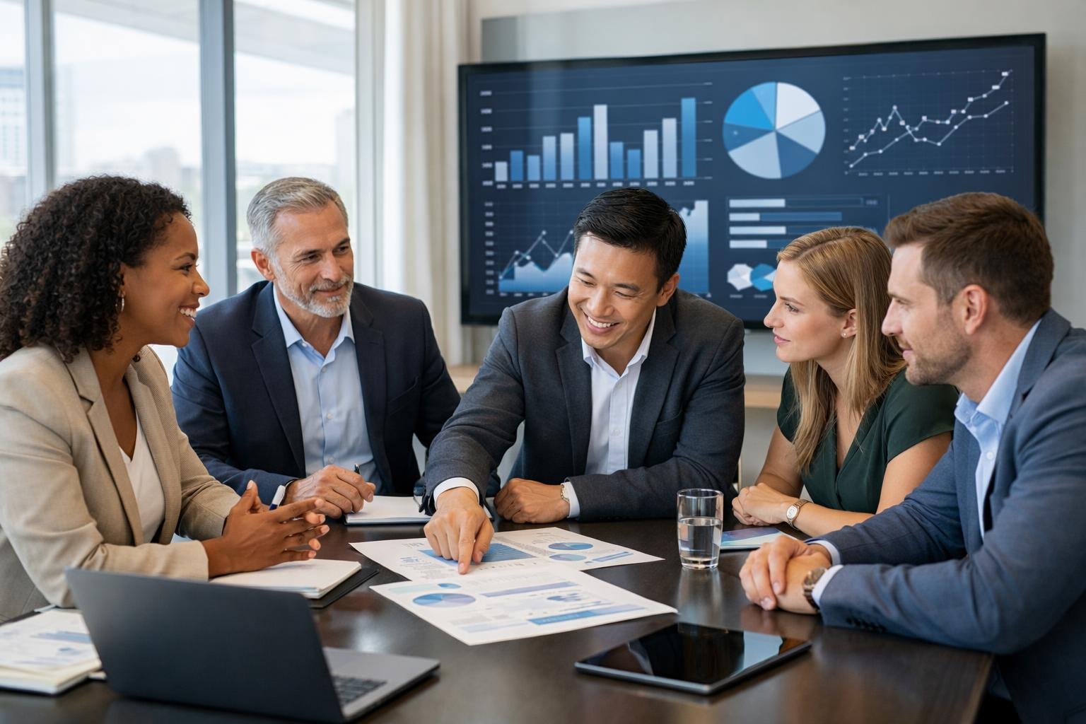 Un groupe de professionnels en réunion dans un bureau moderne, discutant autour d'une table avec des ordinateurs et des graphiques à l'écran.
