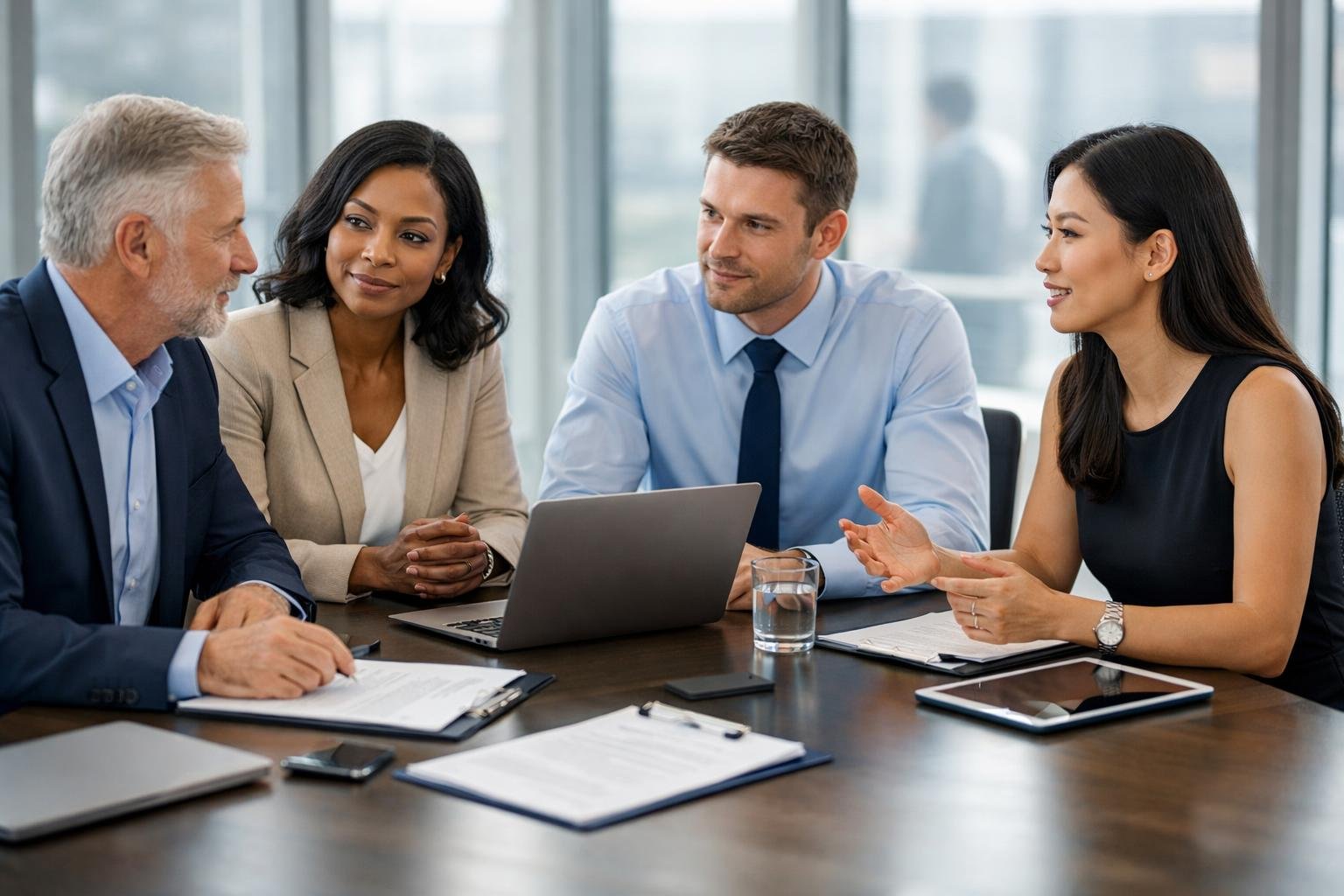 Des professionnels en réunion autour d'une table dans un bureau moderne, discutant de documents et utilisant des appareils numériques.