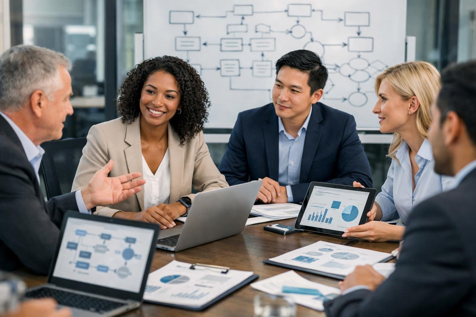 Un groupe de professionnels en réunion autour d'une table de conférence avec des ordinateurs et des documents, travaillant ensemble dans un bureau moderne.