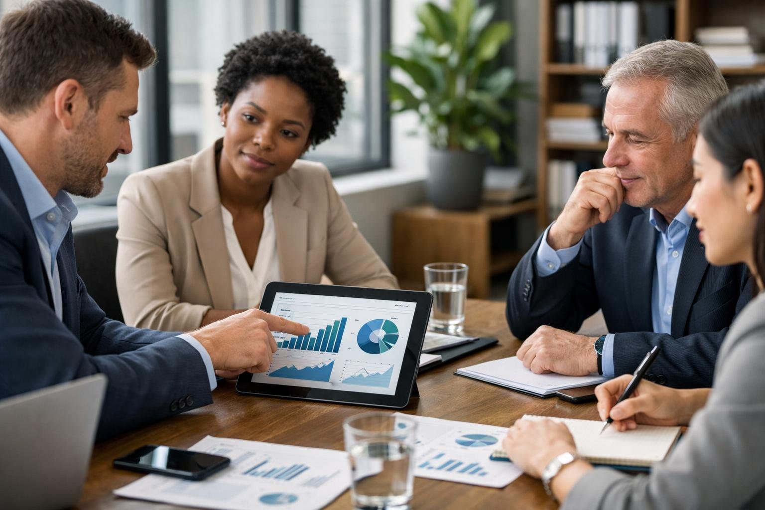 Un groupe de professionnels en réunion autour d'une table de conférence avec des ordinateurs portables et des documents, discutant et collaborant dans un bureau lumineux.