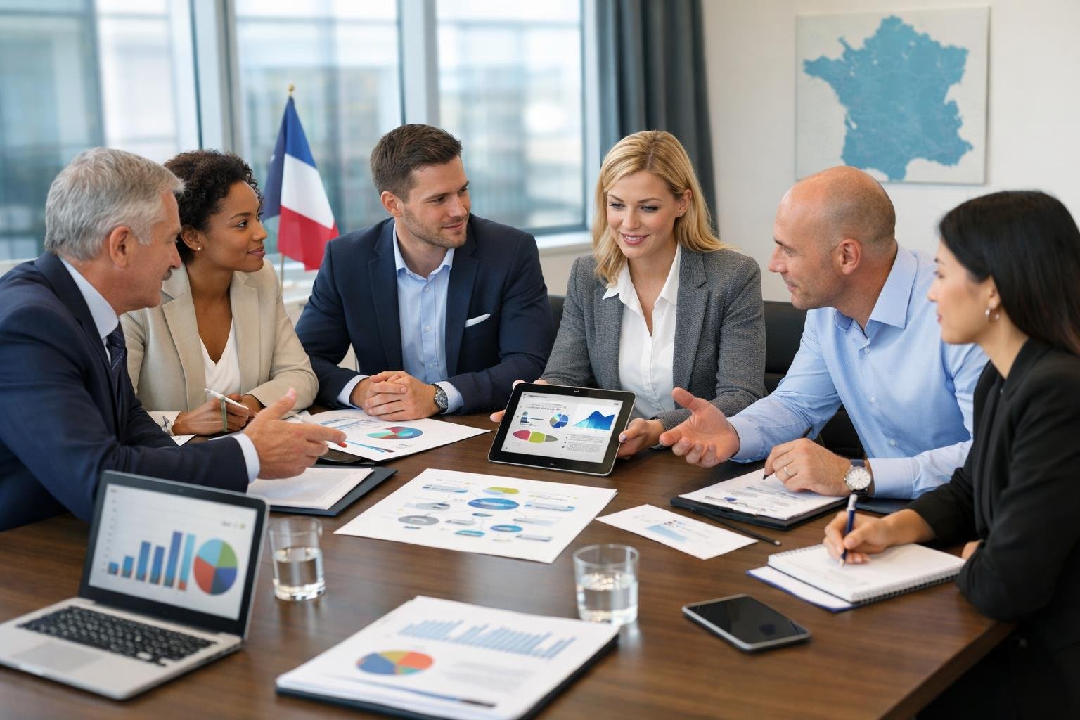 Un groupe de professionnels en réunion autour d'une table de conférence, travaillant ensemble dans un bureau moderne lumineux.