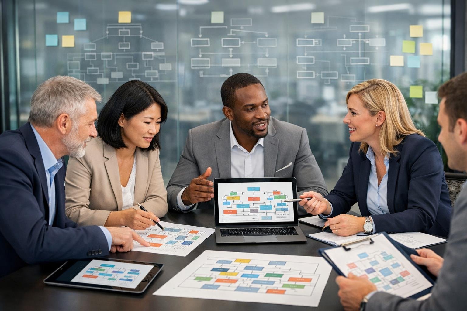 Des professionnels en réunion autour d'une table de conférence avec des diagrammes organisationnels visibles en arrière-plan.