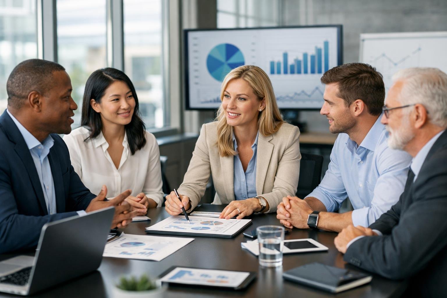 Un groupe de professionnels en réunion dans un bureau moderne, discutant autour d'une table avec des ordinateurs portables et des documents.